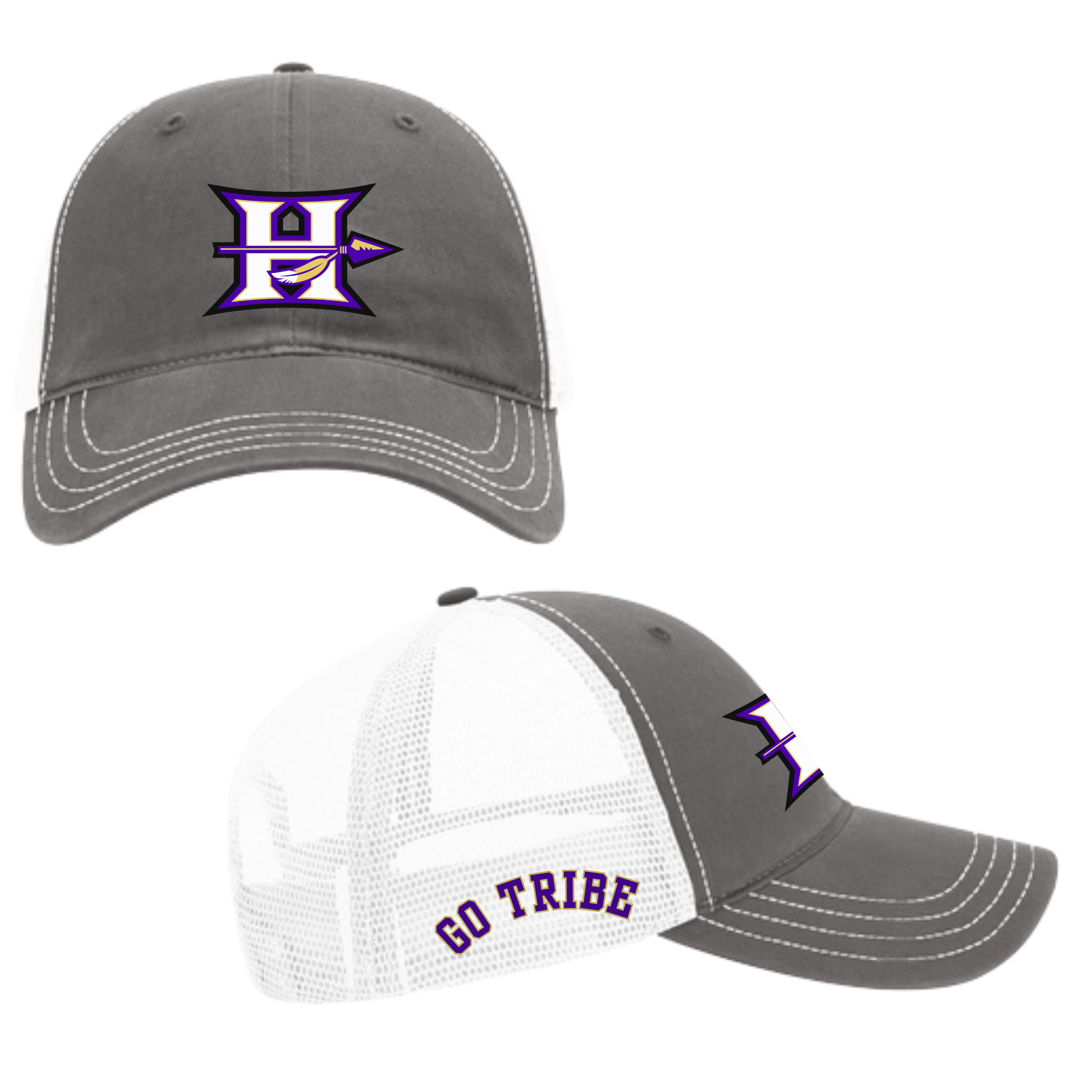 Hallsville Indians Football Richardson trucker hat, charcoal and white mesh with Design 2 H spear logo - McNail Creative Co