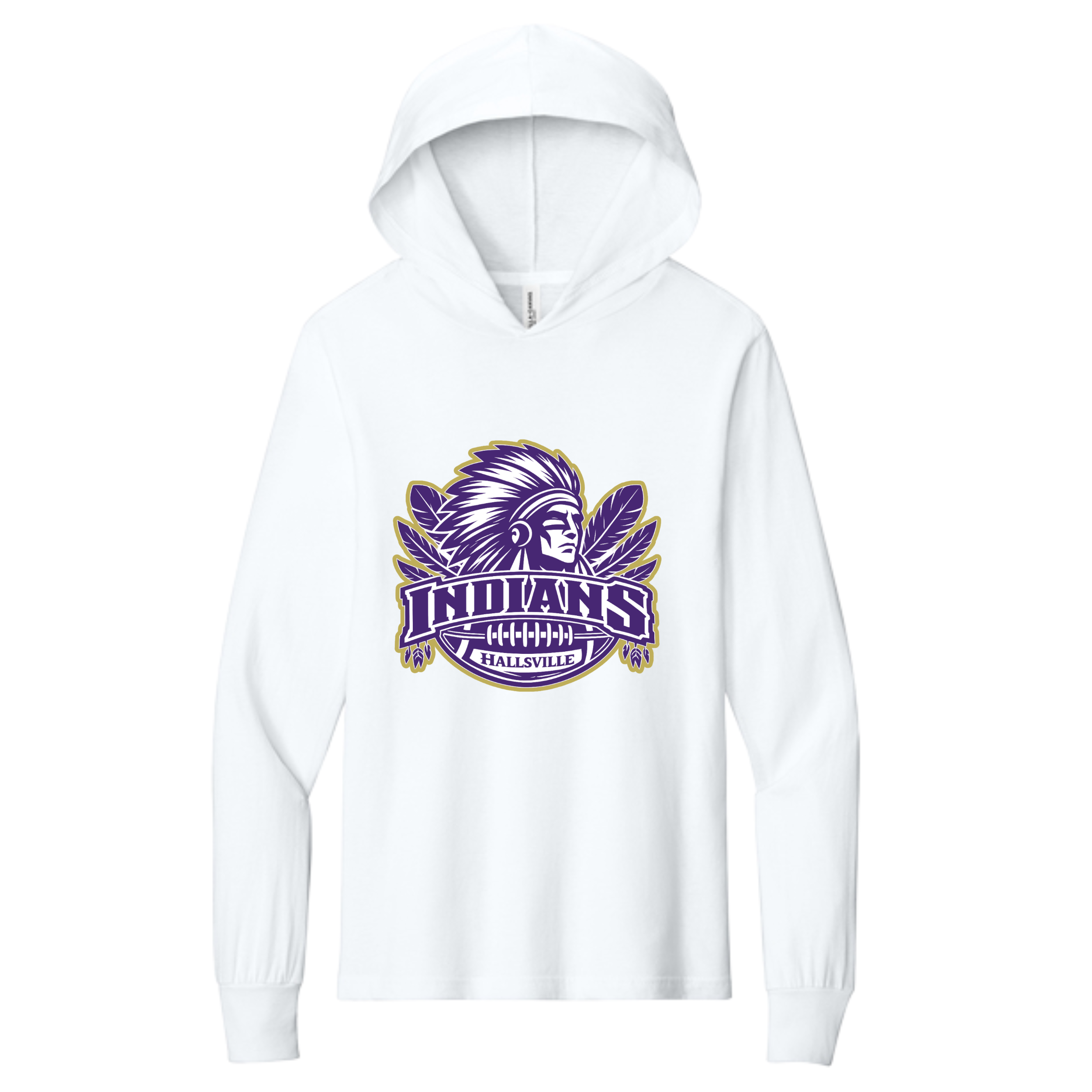 Hallsville Indians Football youth white hooded long sleeve tee, Design 3 Indians Football crest - custom printed by McNail Creative Co