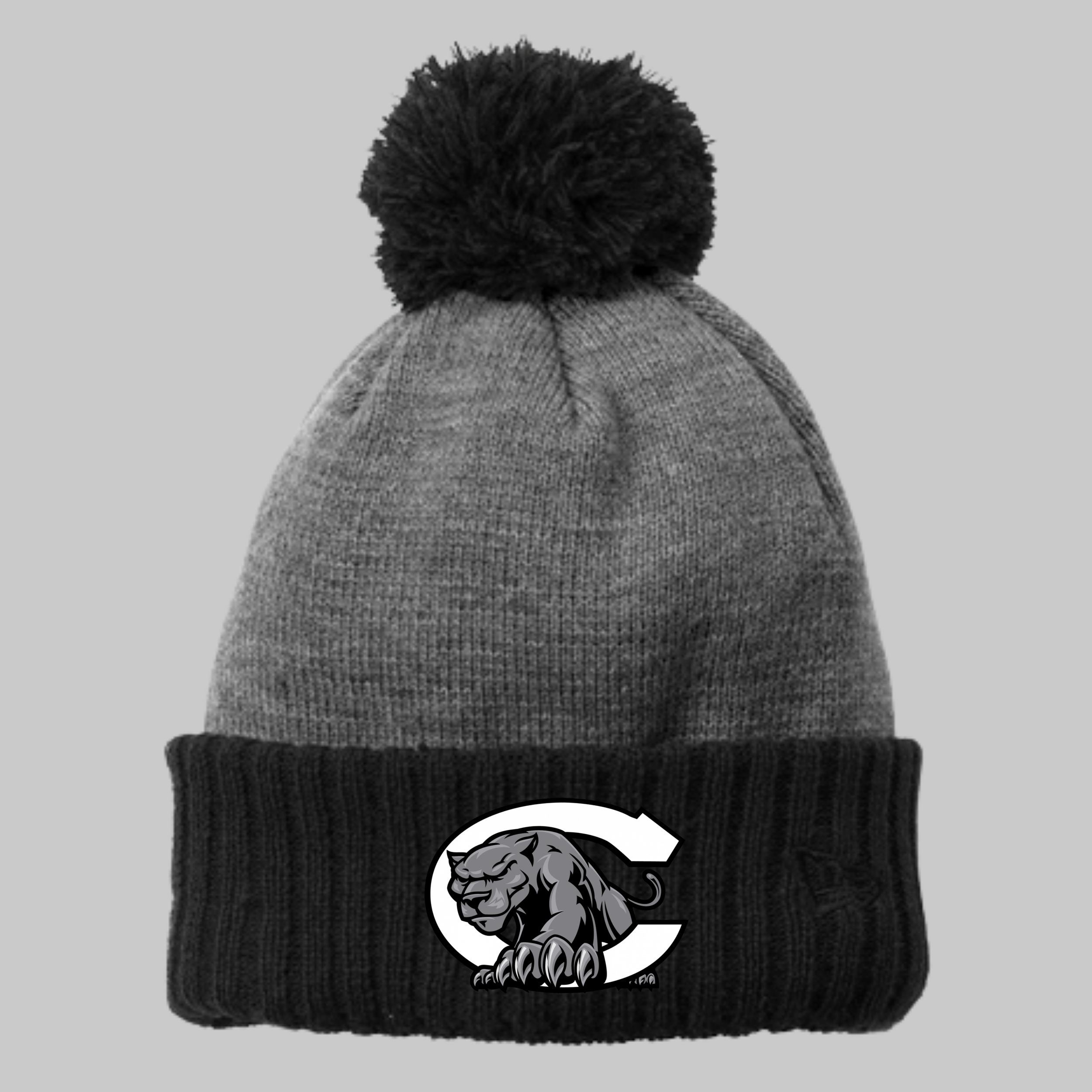 Centralia Panthers pom beanie, graphite and black New Era NE904 with C and Panther logo - custom winter hat by McNail Creative Co, Centralia MO