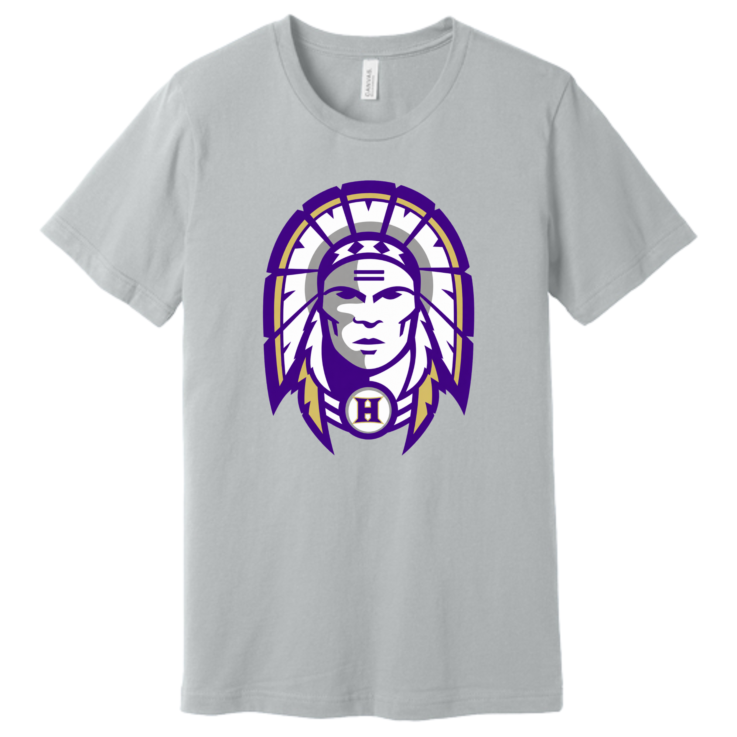 Hallsville Indians Football t-shirt, athletic heather grey with Design 1 Indian head - custom printed by McNail Creative Co
