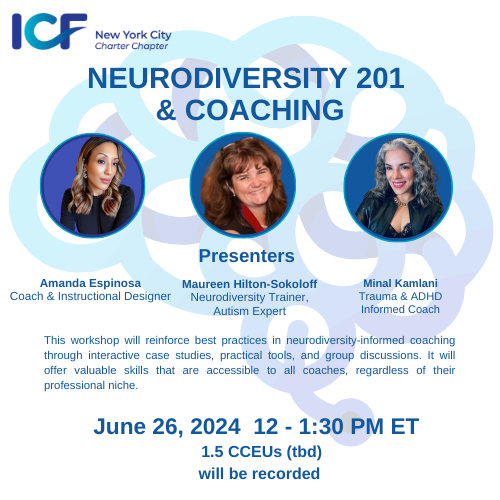 Flyer for a workshop titled 'Neurodiversity 201 & Coaching' hosted by ICF New York City Chapter. Features photos of three presenters: Amanda Espinosa, Maureen Hilton-Sokoloff, and Minal Kamlani. The event is scheduled for June 26, 2024, from 12 to 1:30 PM ET, and will be recorded.