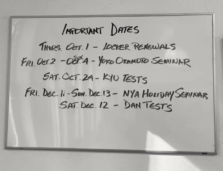 When the white board is full you know that it's a busy season! These dates don't even include the Aikido of Cincinnati seminar with Steve Sensei this weekend, kyu test prep that start next week (Tuesdays at 6:45am and Fridays at 4:15pm), dan test pre