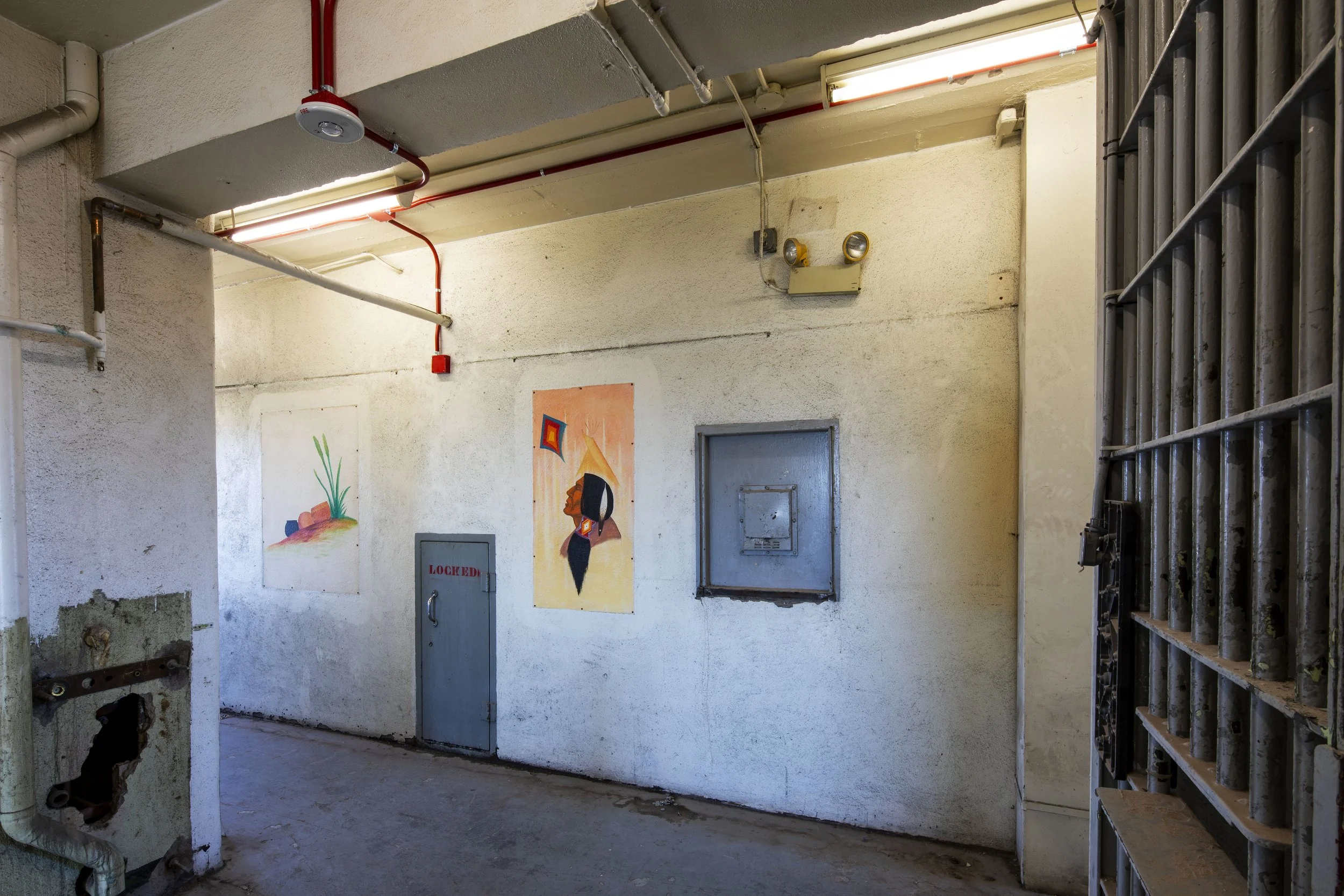 Burgess Roye Jailhouse Art in the Garfield County, Oklahoma, abandoned jail.