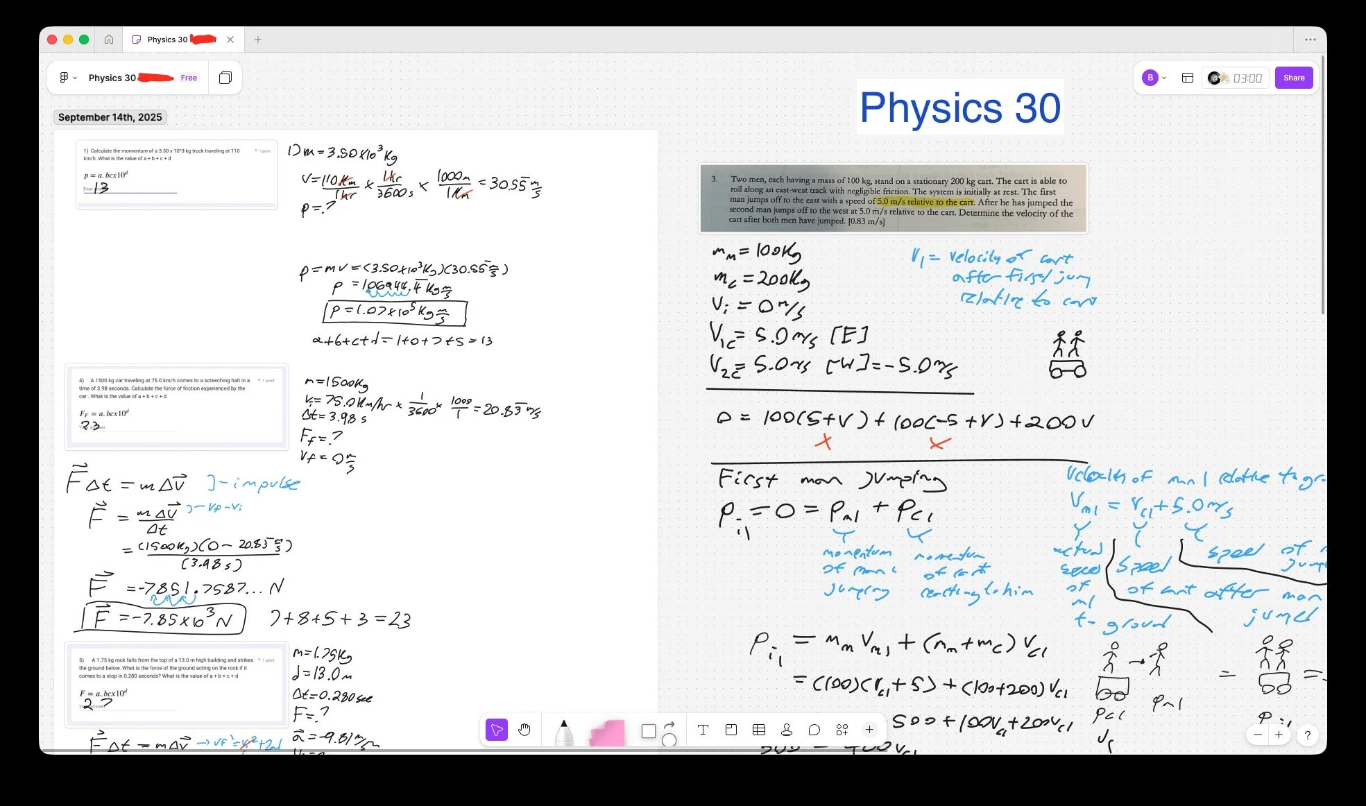 Screenshot of an online physics lecture or study notes titled 'Physics 30' with handwritten notes, equations, and highlighted text on a digital whiteboard or note-taking app.