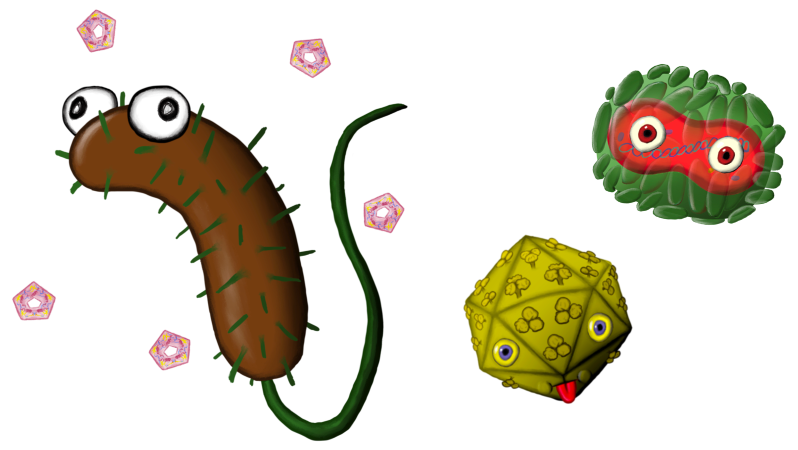 A cartoon depiction of a virus or bacteria with eyes, surrounded by small pink star-shaped particles, with additional cartoon microbe shapes that have eyes and tongue, against a black background.