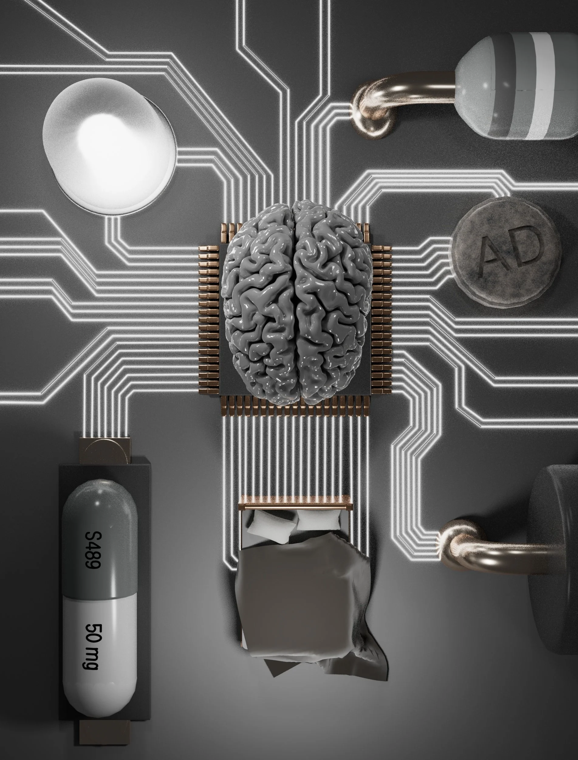 Close-up of electronic components on a circuit board, including a gray brain-shaped silicon chip, a large gray and black capacitor labeled "50mF 50V," and other small electronic parts.
