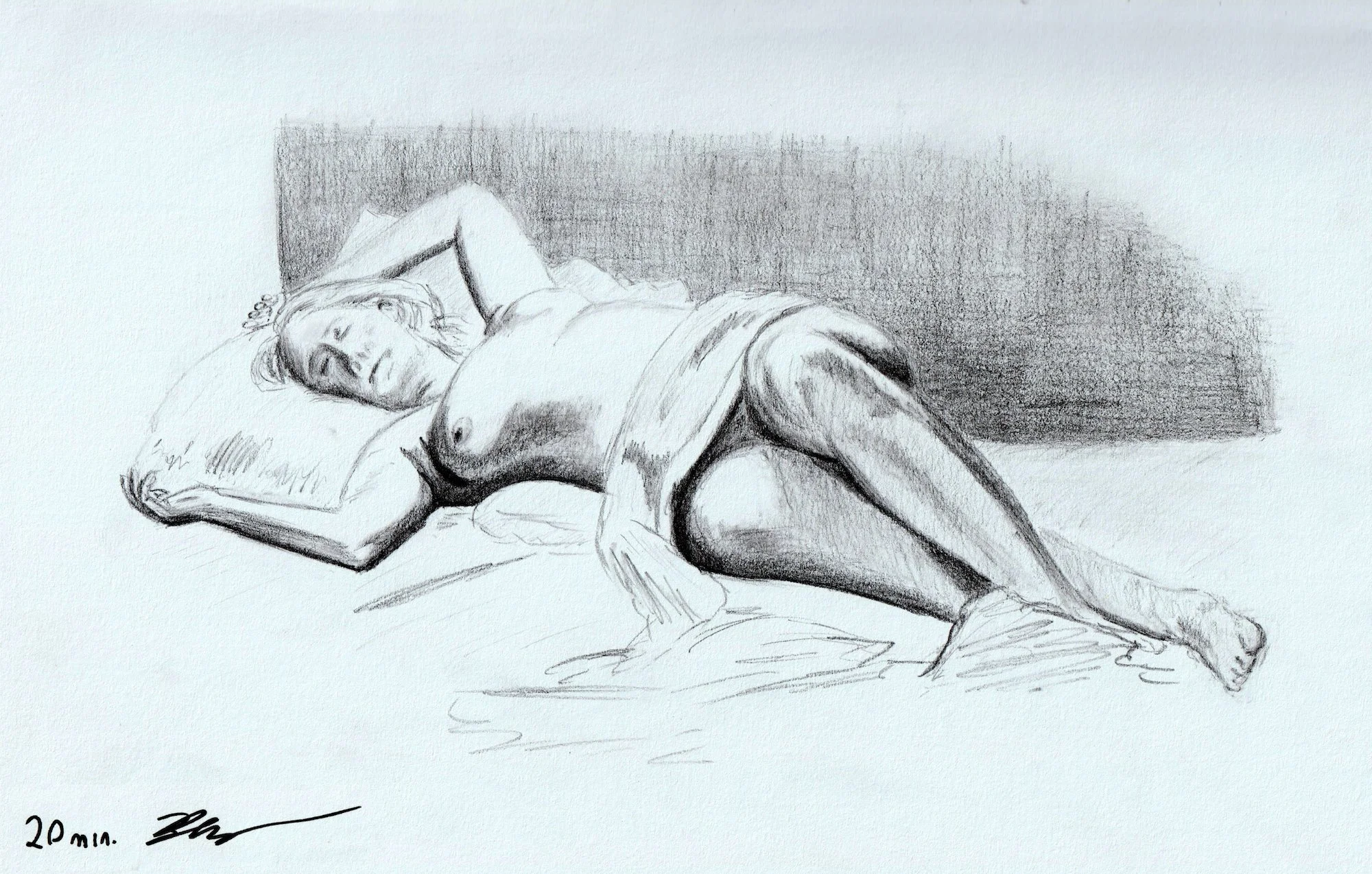 A black and white sketch of a woman lying on a bed, facing upward, with one arm resting on her forehead. She has long hair and appears to be in a relaxed, sleeping pose. Observational life drawing for my application to the BMC program. Fall 2021.