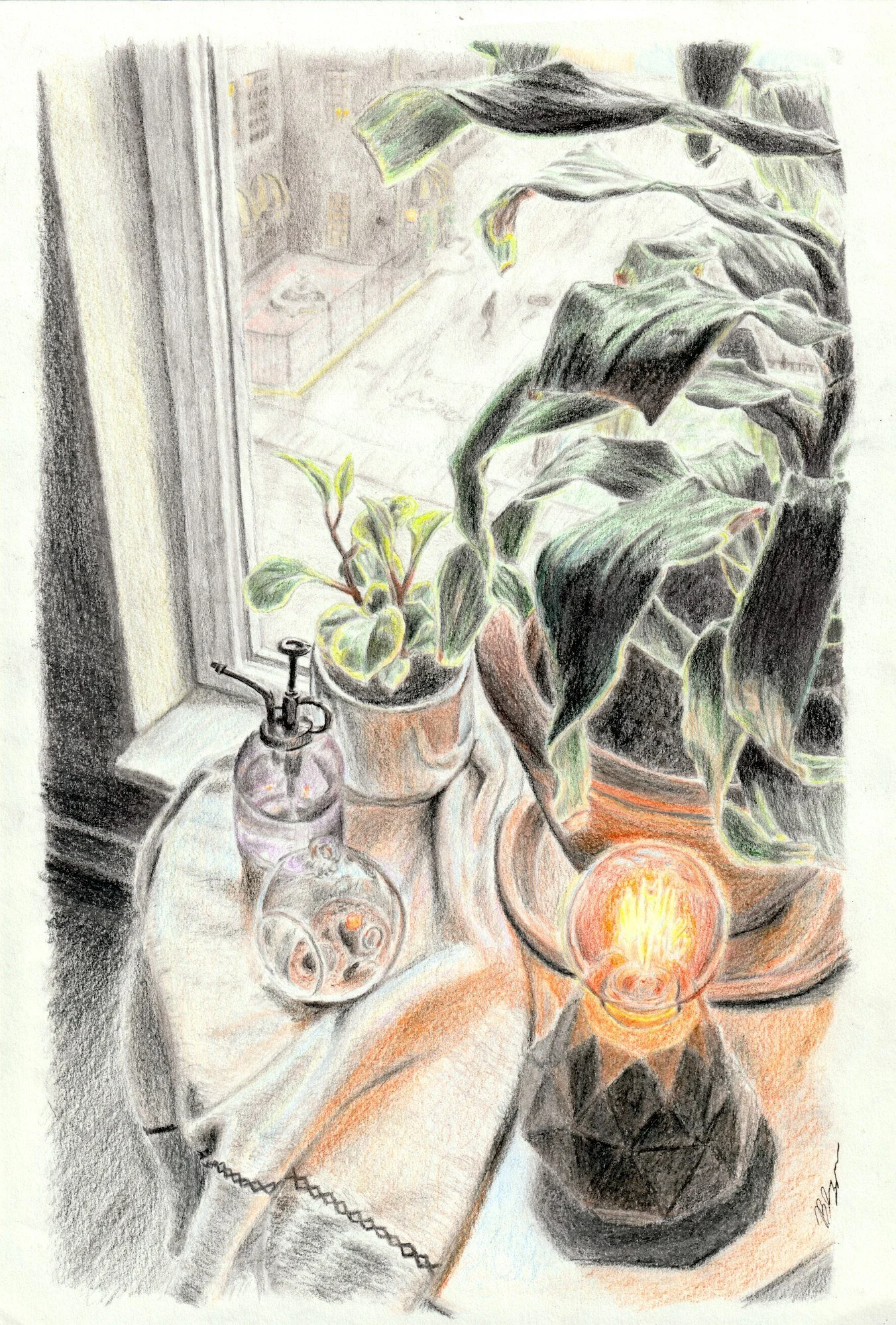 A still life scene with potted plants on a windowsill, a candle burning in a holder, a small decorative bottle, and a cloth draped over a table. The window reveals a cityscape with buildings and snow-covered streets. Observational life drawing for my