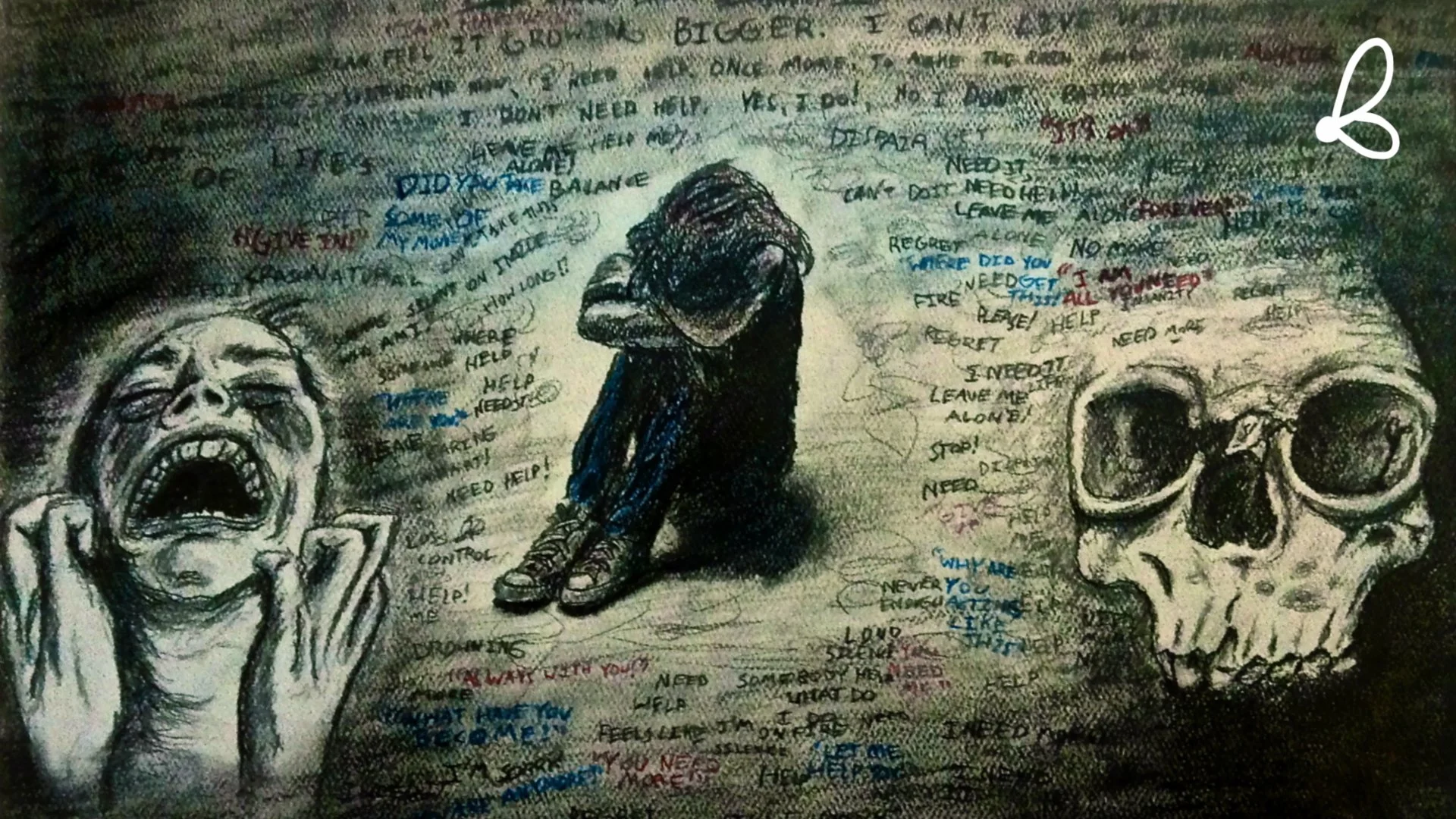 A drawing depicting a crying woman, a skull, and a person with a hooded sweatshirt. The background is filled with handwritten words and phrases expressing distress and need for help.