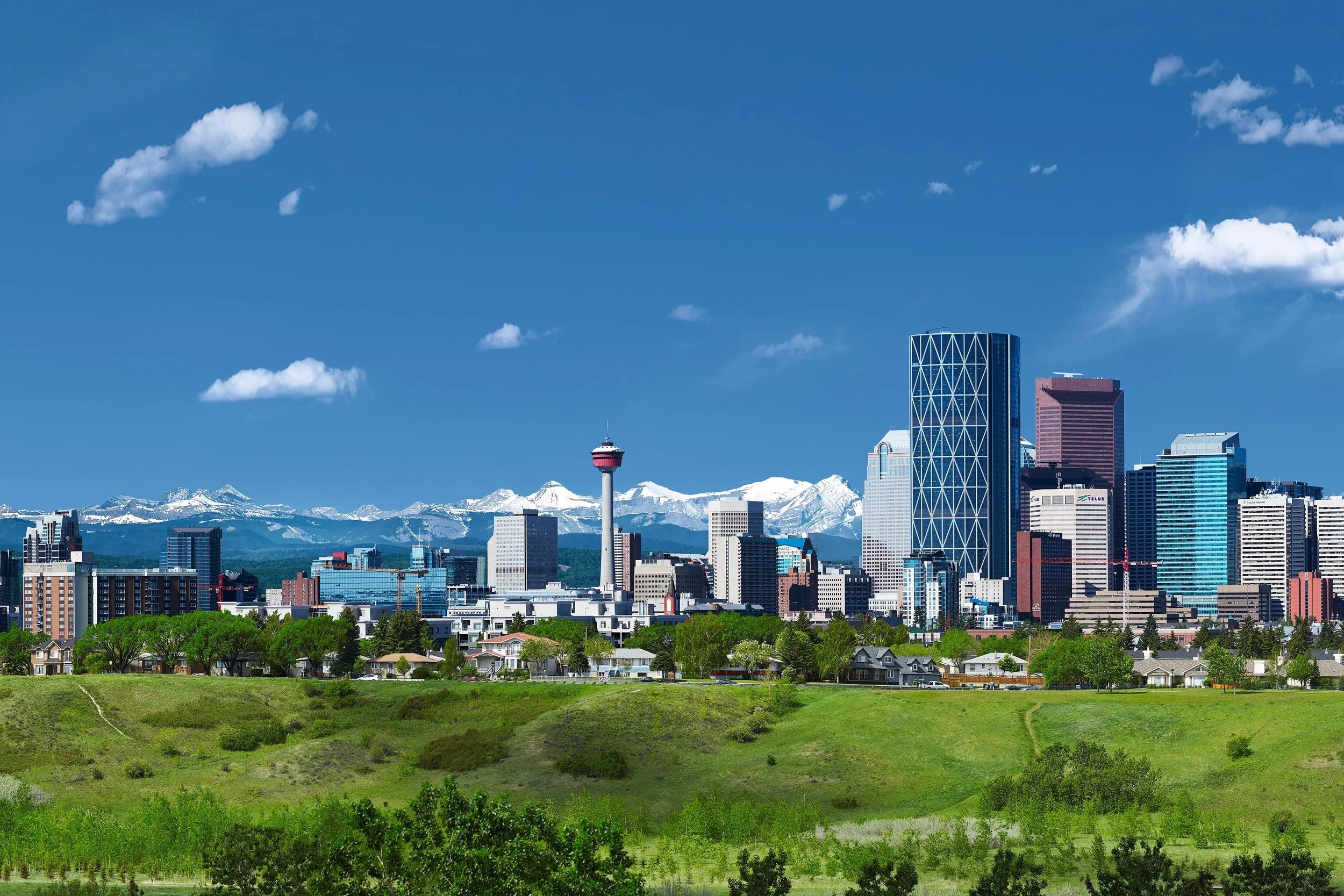 A city skyline with tall buildings, a tower with a circular top, and snow-capped mountains in the background under a blue sky with scattered clouds. In the foreground, there is a green park area with trees and grass.