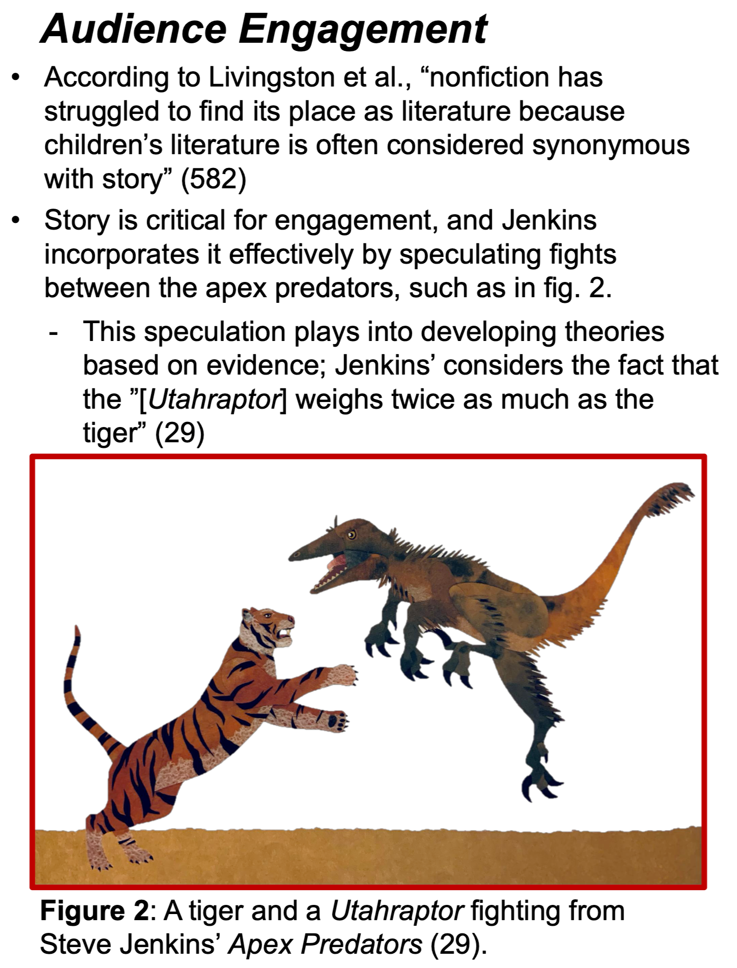 Illustration of a tiger and a dinosaur engaged in predatory behavior.
