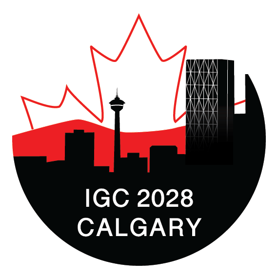 Logo for IGC 2028 Calgary, featuring a black skyline with a tower, a modern building, and a maple leaf outline, with red background elements and white text.