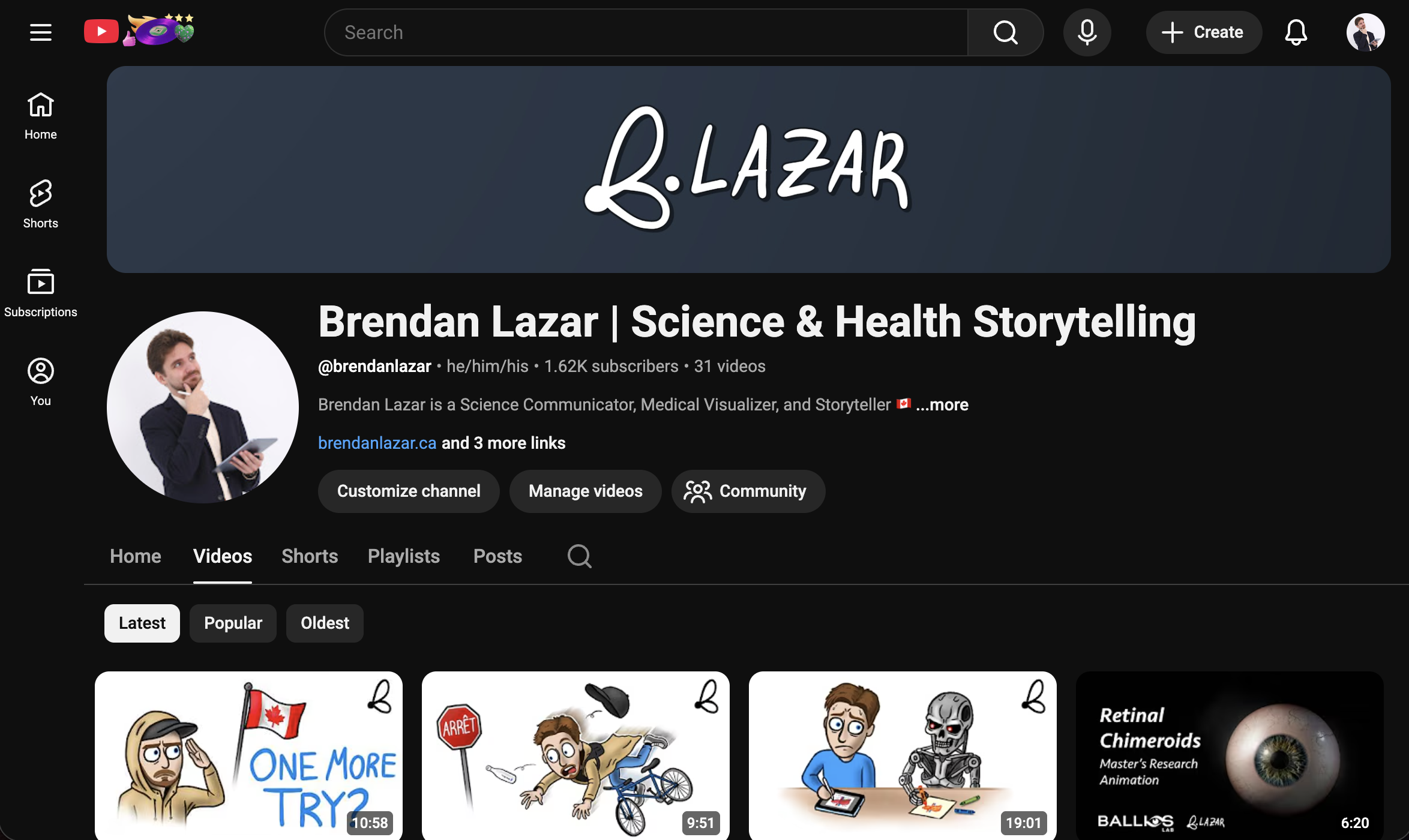 Screenshot of a YouTube channel homepage named 'Brendan Lazar | Science & Health Storytelling,' featuring a profile picture of a man in a suit, a cover image with stylized text 'L AZAR,' and a video section displaying cartoon-like thumbnails of various characters and scenes.