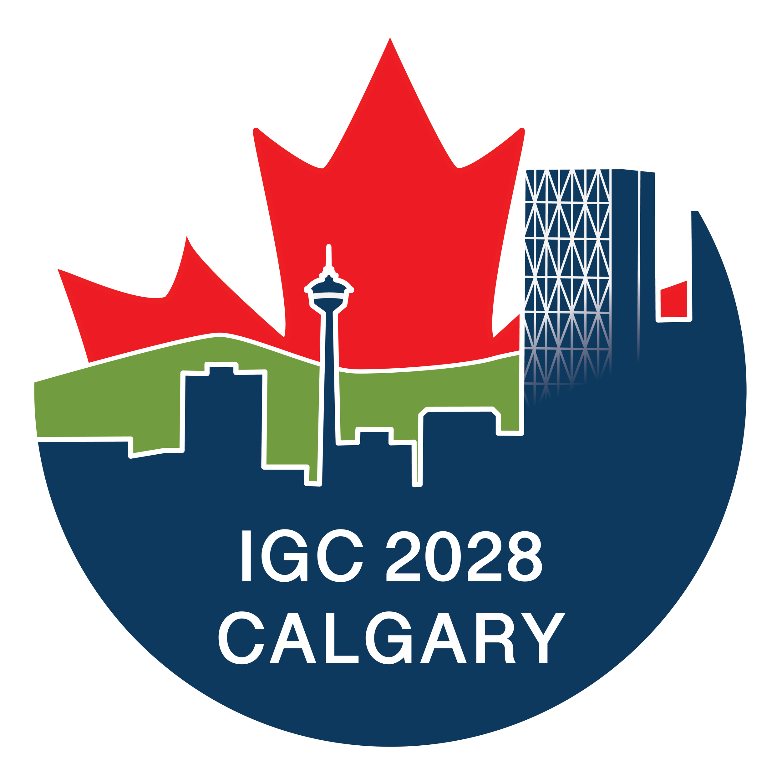 Logo for IGC 2028 in Calgary, featuring a circular design with a red maple leaf, a city skyline, and the event details.