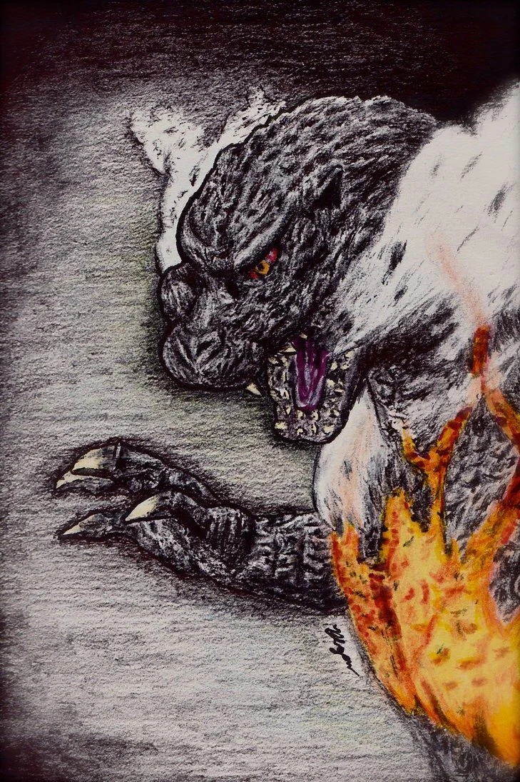 Sharpie, marker, and coloured pencil illustration of burning Godzilla (from 1990s movie Godzilla vs. Destroyah) done from a reference of an S.H. Monster Arts figurine. B. Lazar, 2015 summer. Featured in G-Fan Magazine in 2016 summer as one of the inn