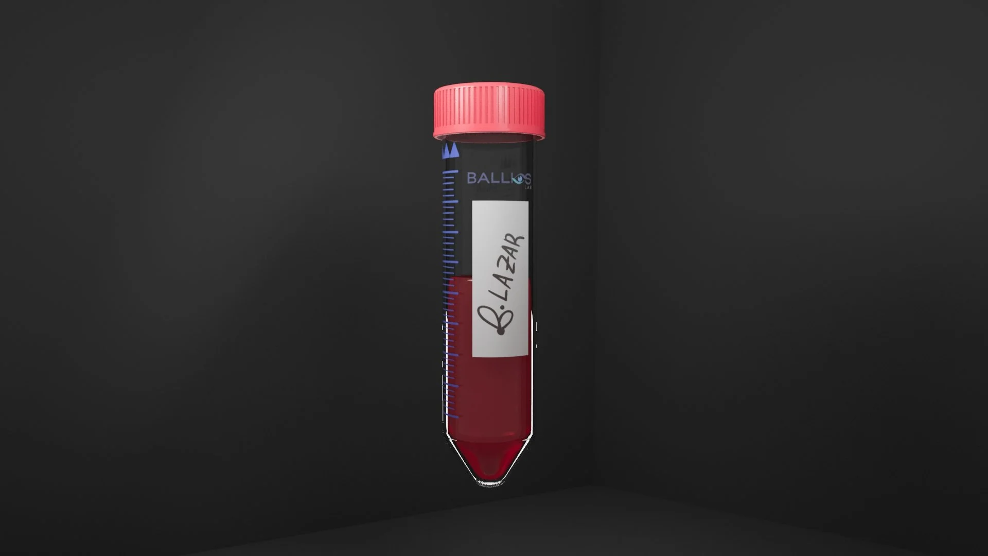 A test tube filled with a red liquid, labeled "B. LAZAR" with a pink cap, standing on a dark background.