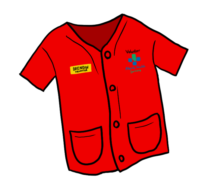 Red volunteer shirt with black outline, name tag reading 'Brendan' and logo for Alberta Health Services.