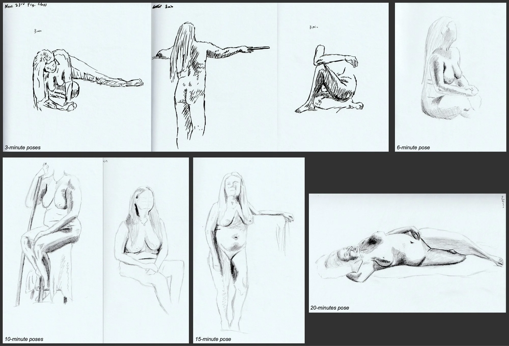 A series of sketches depicting a woman in various seated and reclining poses, illustrating different time durations for holding each pose (3-minute, 6-minute, 10-minute, 15-minute, and 20-minute poses). Observational life drawing for my application t