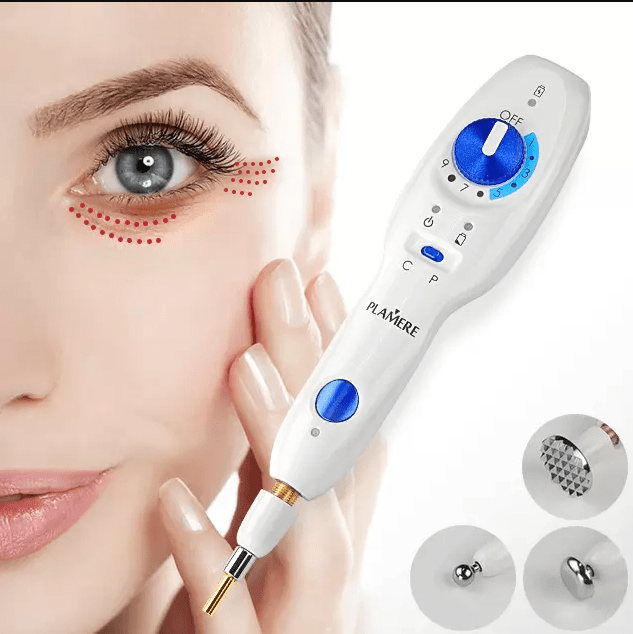 A woman with blue eyes holding a laser facial device, with close-up of her face highlighting treatment areas around her eye, accompanied by interchangeable treatment heads.