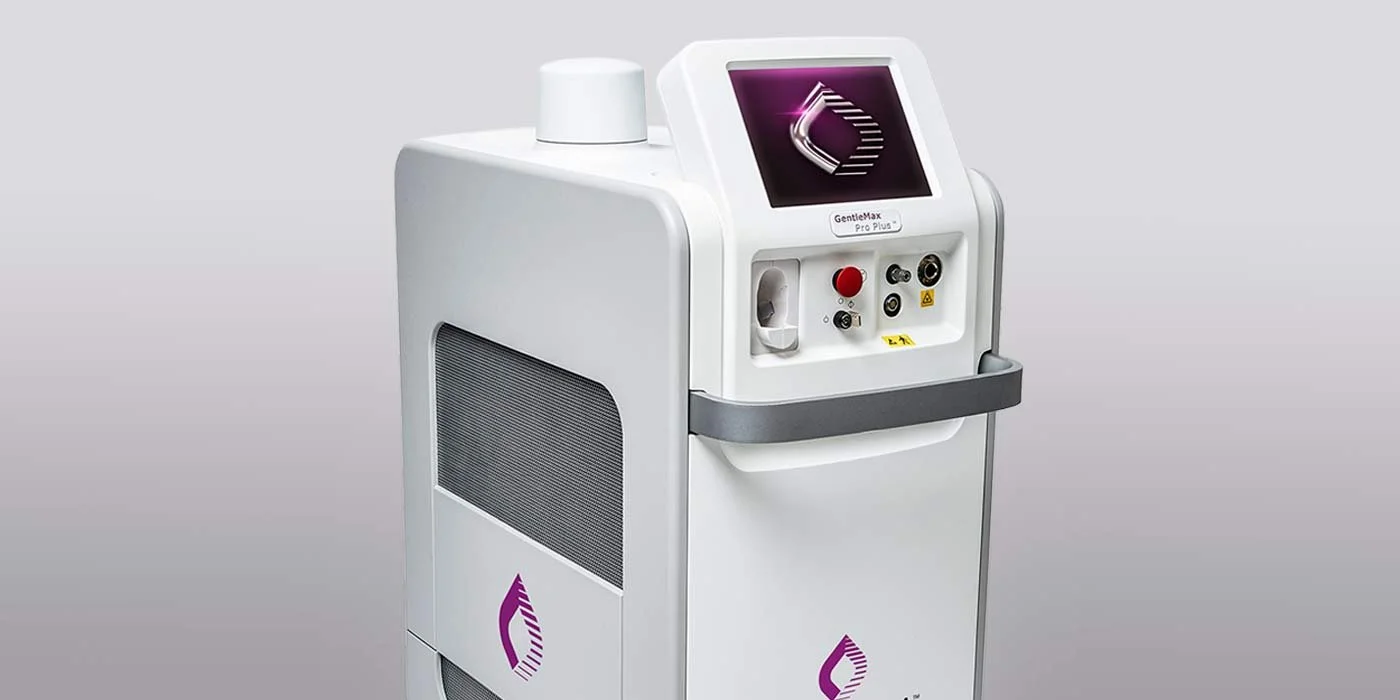 Medical laser machine with a touchscreen display, various controls, and a purple logo on the front, used for cosmetic or dermatological treatments.