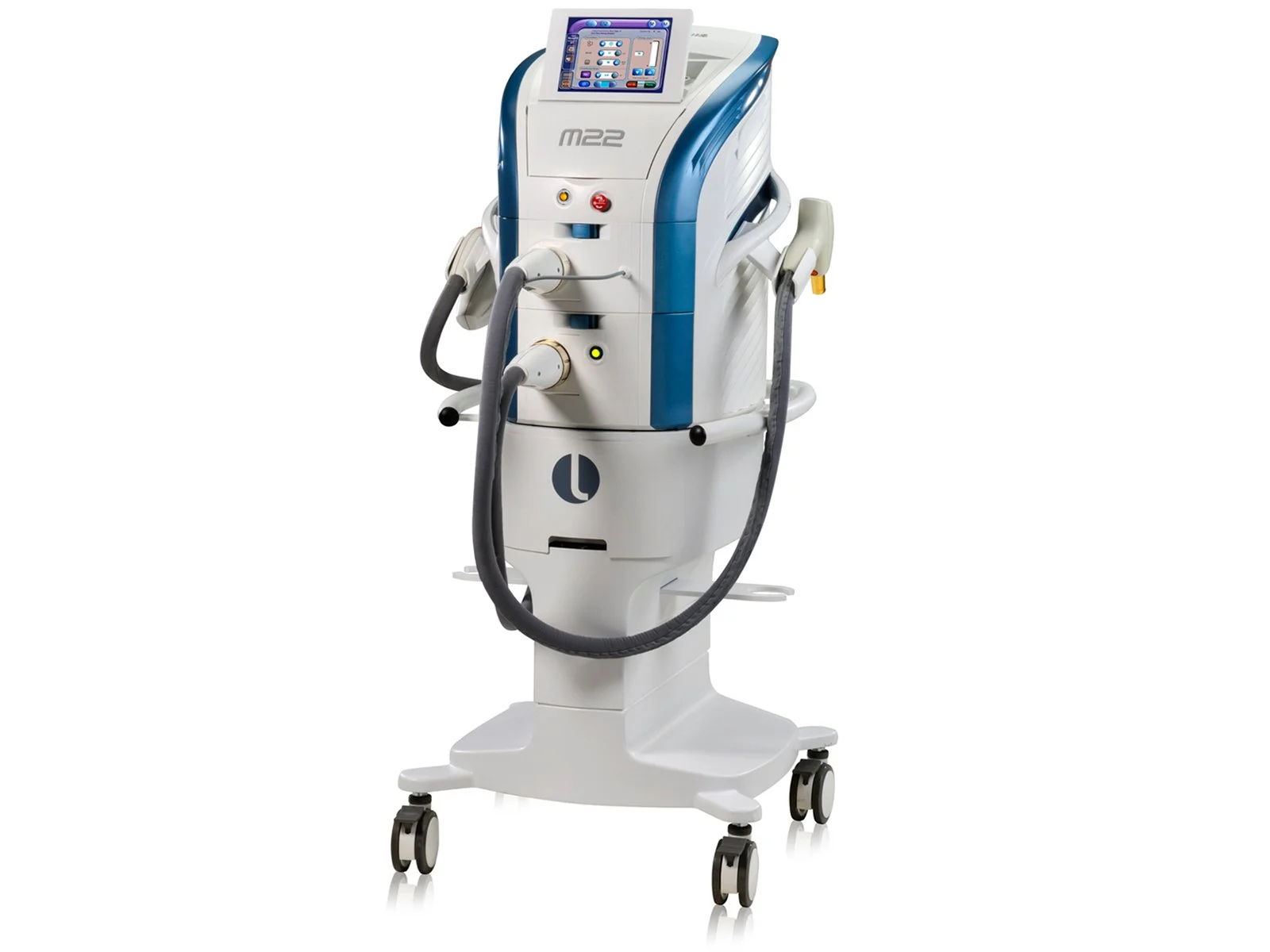Medical device on a stand with wheels, featuring a touch screen and hoses for medical procedures.