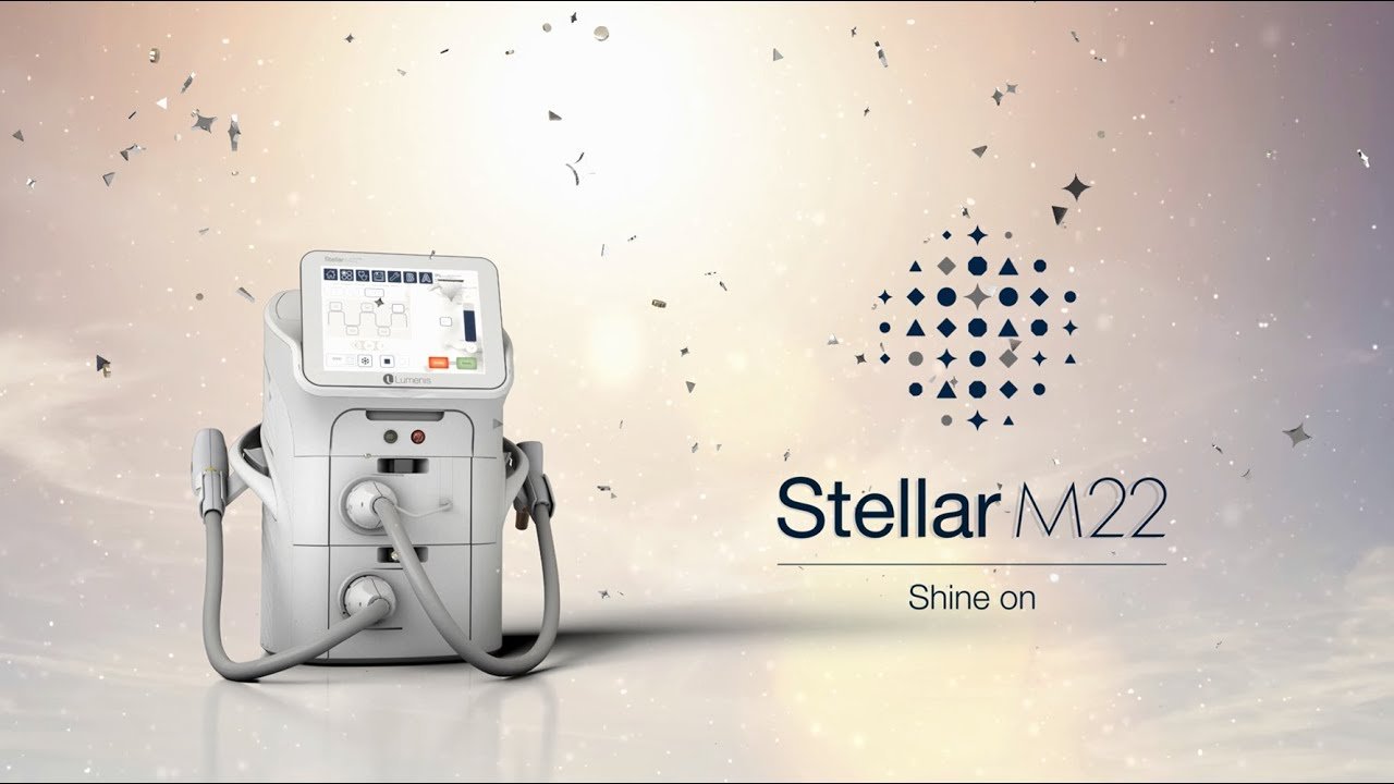 A medical device called Stellar M22 with a display screen, hoses, and buttons, set against a space-themed background with stars and a constellation pattern, and the text "Stellar M22" and