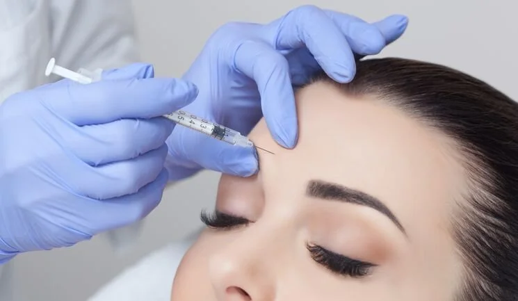 A woman receiving a cosmetic injection in her forehead from a medical professional wearing blue gloves.