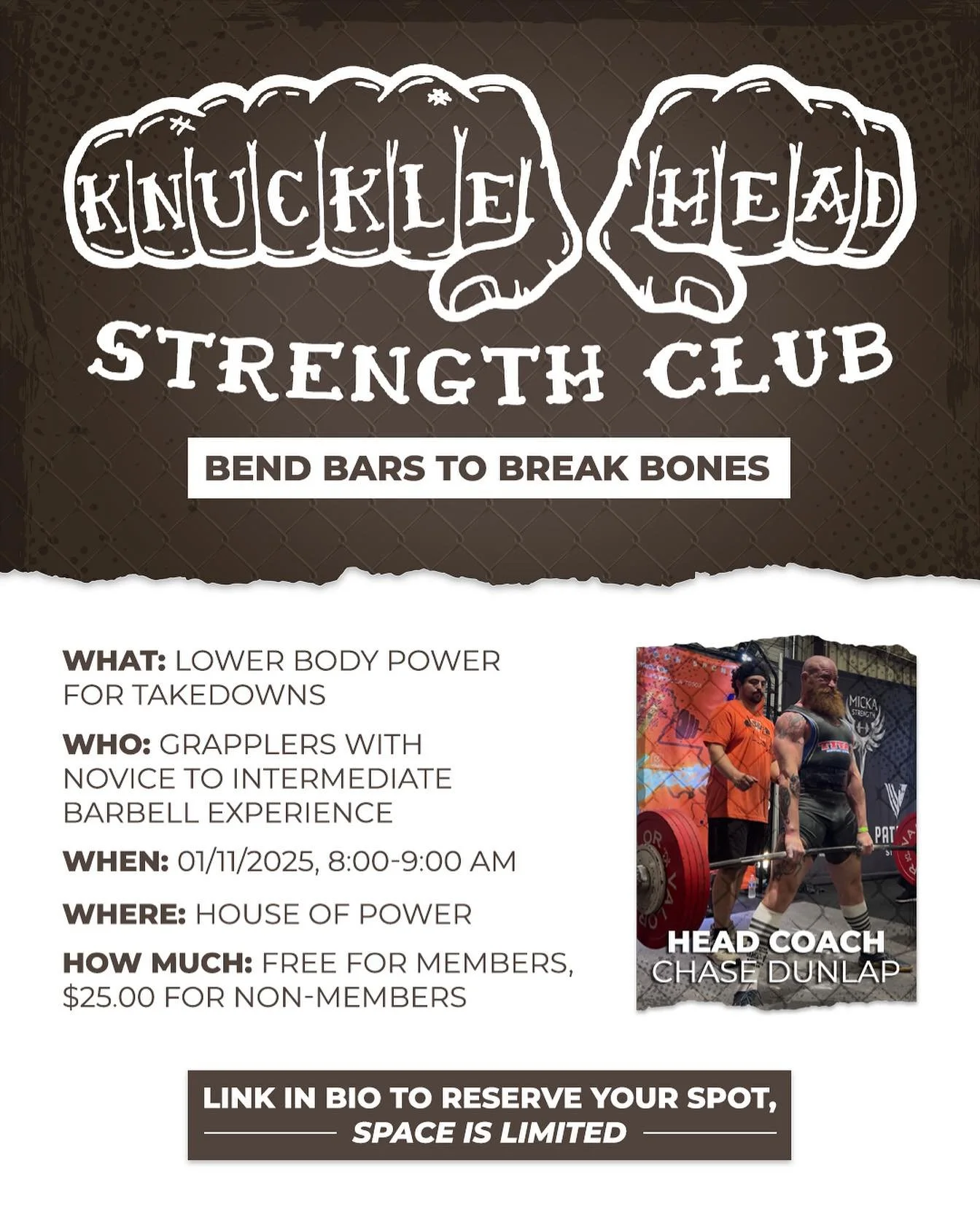 MAKE GRAPPLERS STRONG AGAIN

Introducing the Knucklehead Strength Club
Group Class- a once a month training session
for grapplers, wrestlers or strikers who want to
add real strength training to their routine.
Each month, we will focus on key lifts t