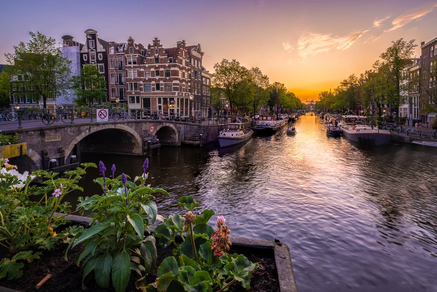 Een pittoresk kanaal in Amsterdam bij zonsondergang, met historische huizen, boten en een tuin met bloemen op de voorgrond.
