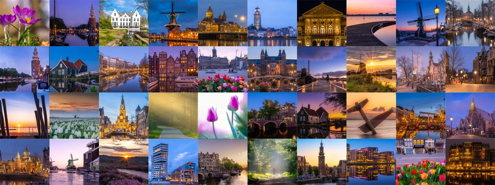 Een collage van diverse steden en landschappen in Nederland, met kerktorens, grachten, tulpen, en windmolens bij zonsondergang en 's nachts.