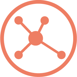 Ícono de red o marcador de datos en color naranja dentro de un círculo negro.