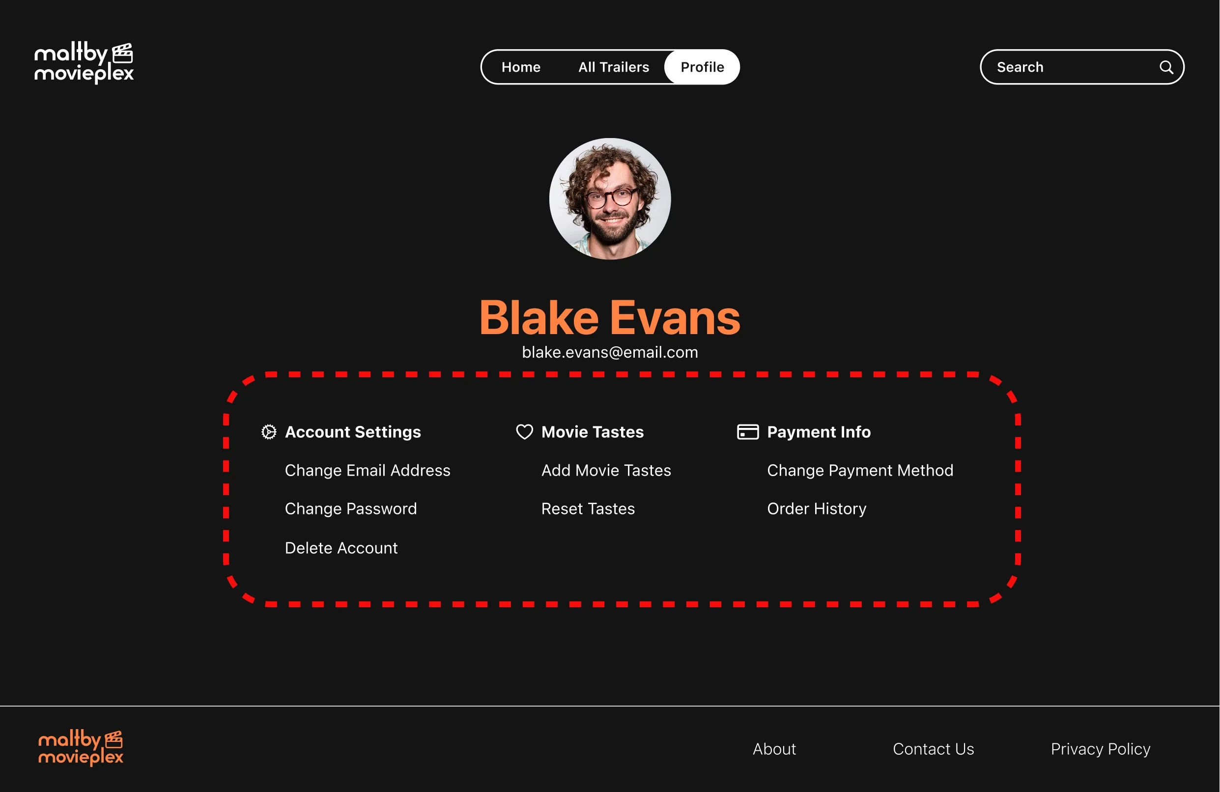After refinement: the dark profile page groups account, movie-taste, and payment settings with labeled icons and clearer visual separation.