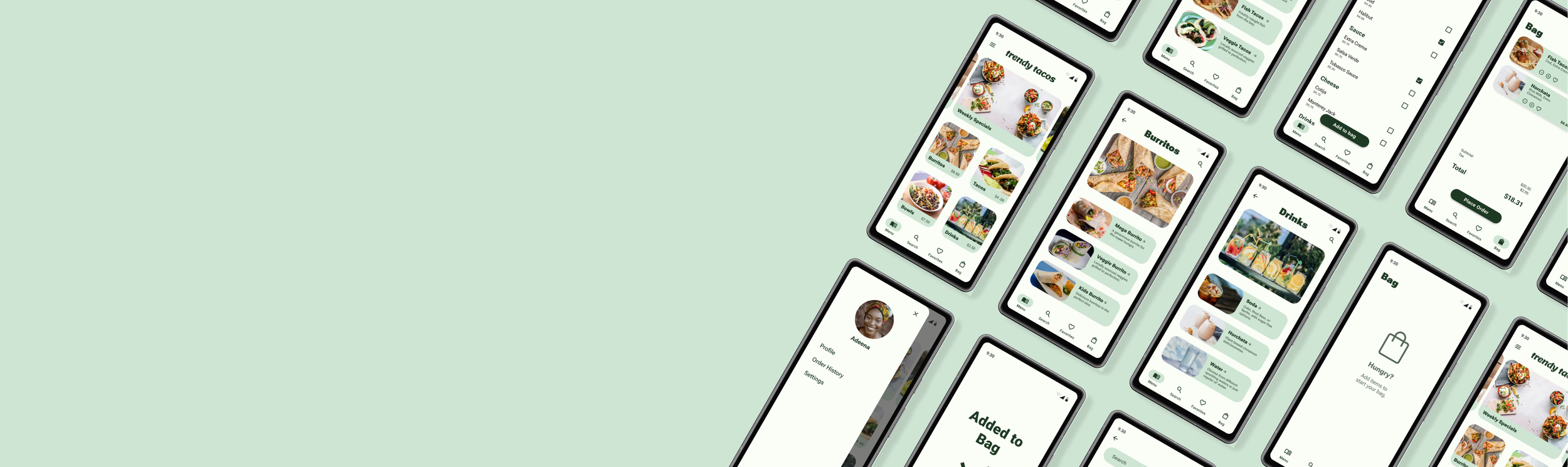 Trendy Tacos mobile ordering experience shown across multiple app screens.