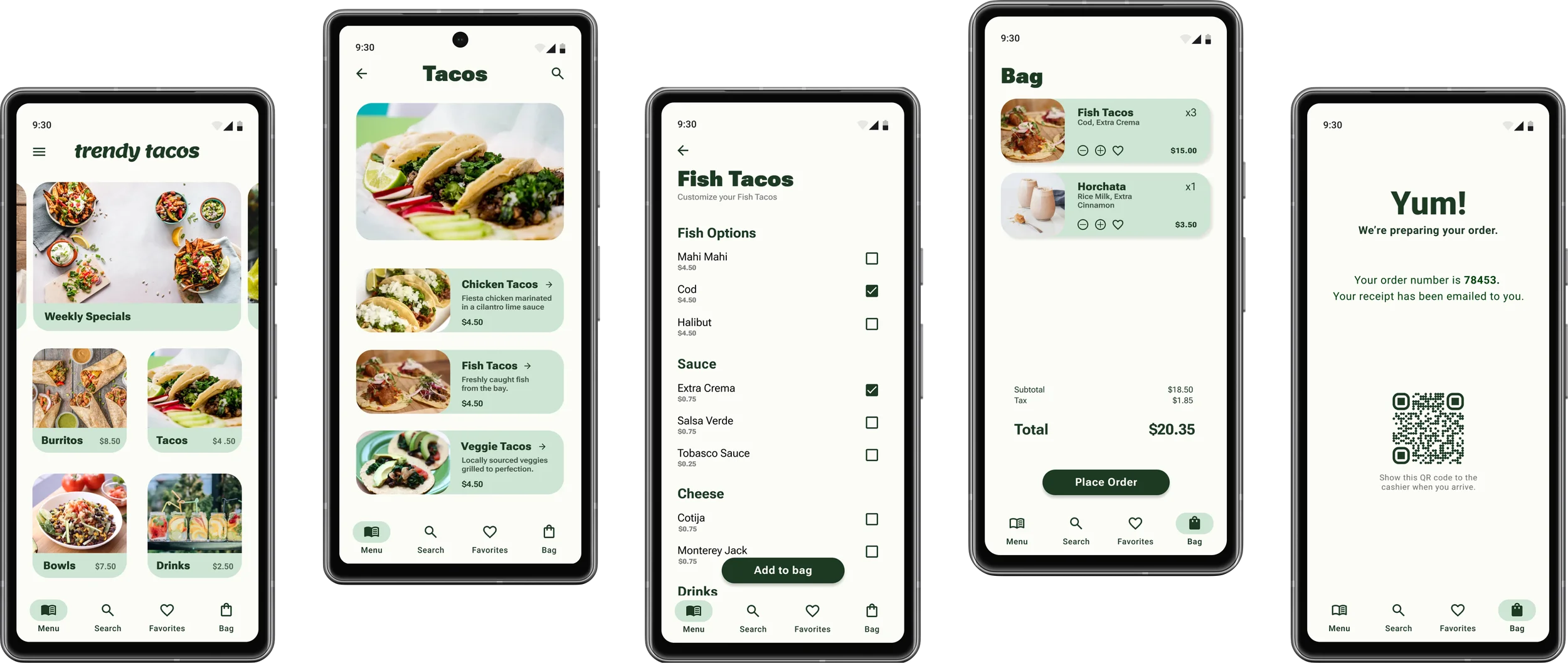 Five phone mockups showing the Trendy Tacos ordering flow: browsing the menu, choosing tacos, customizing an item, reviewing the bag, and confirming an order.