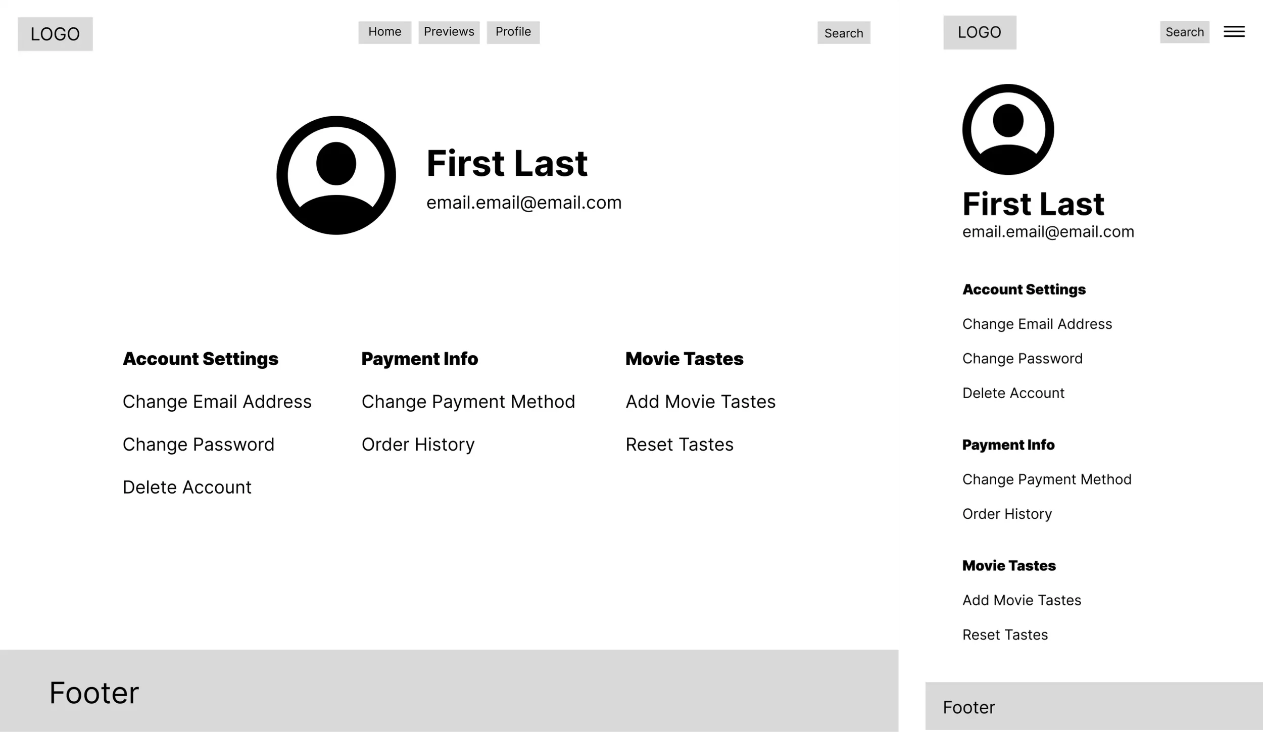Low-fidelity desktop and mobile profile wireframes organizing account settings, payment information, and movie-taste controls.