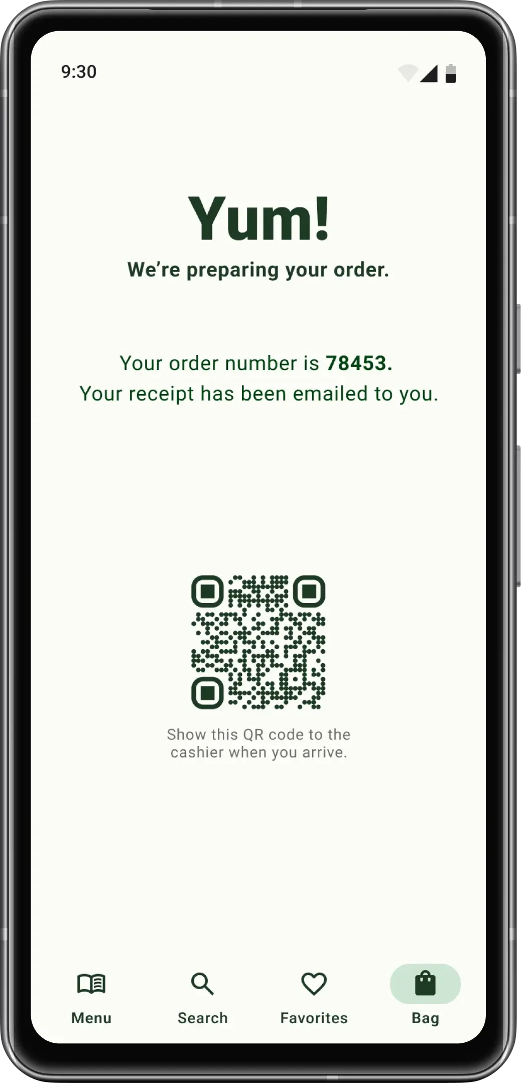 High-fidelity order-confirmation screen displaying order number 78453, an emailed-receipt message, and a QR code for pickup at the taco truck.