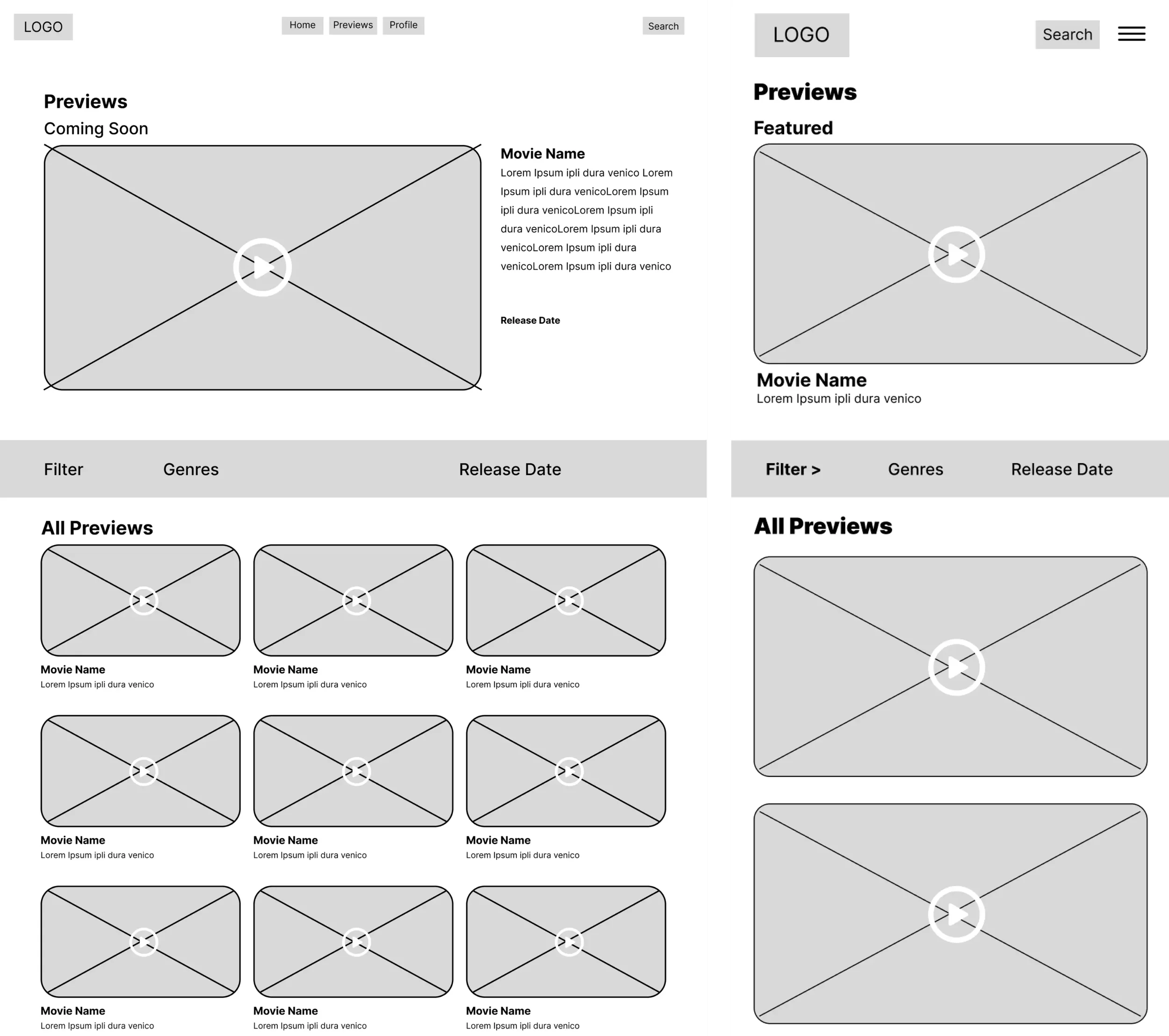 Low-fidelity desktop and mobile trailer-library wireframes with a featured title, movie details, filter controls, and a browsable grid of previews.