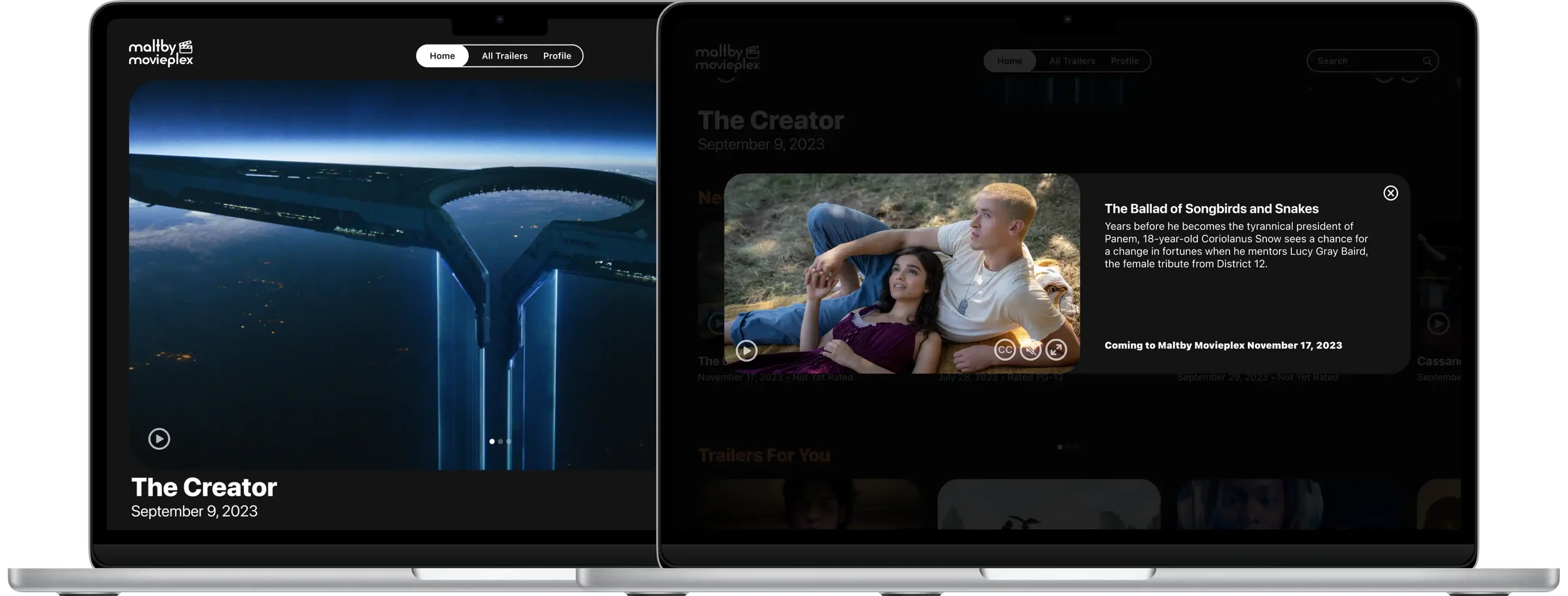 Desktop final prototype showing the featured-trailer home page and an expanded movie-details overlay with a synopsis, release information, caption controls, and a close button.