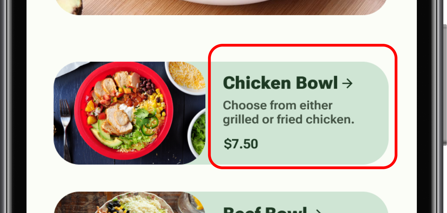 After refinement: high-fidelity menu card with a larger, darker Chicken Bowl description on a pale-green background.