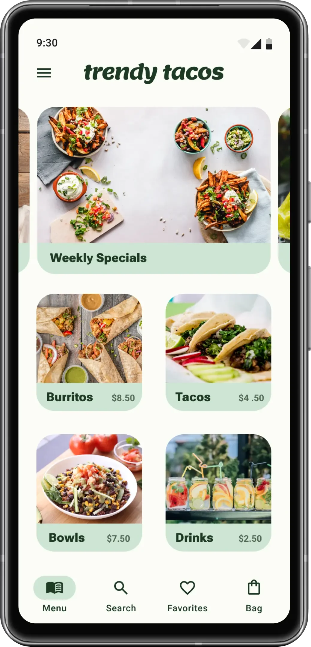 High-fidelity mobile menu showing weekly specials and image-led categories for burritos, tacos, bowls, and drinks, each with a price.