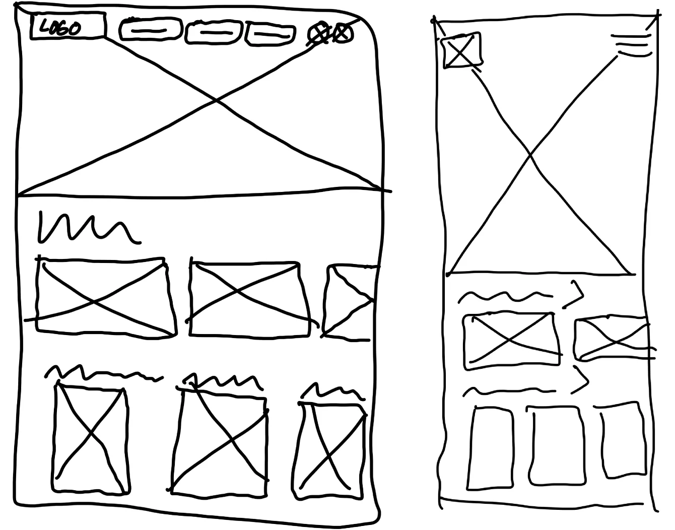 Paper wireframes for the Cinematic Browsing direction, showing desktop and mobile home pages led by a large featured trailer with supporting trailer collections below.
