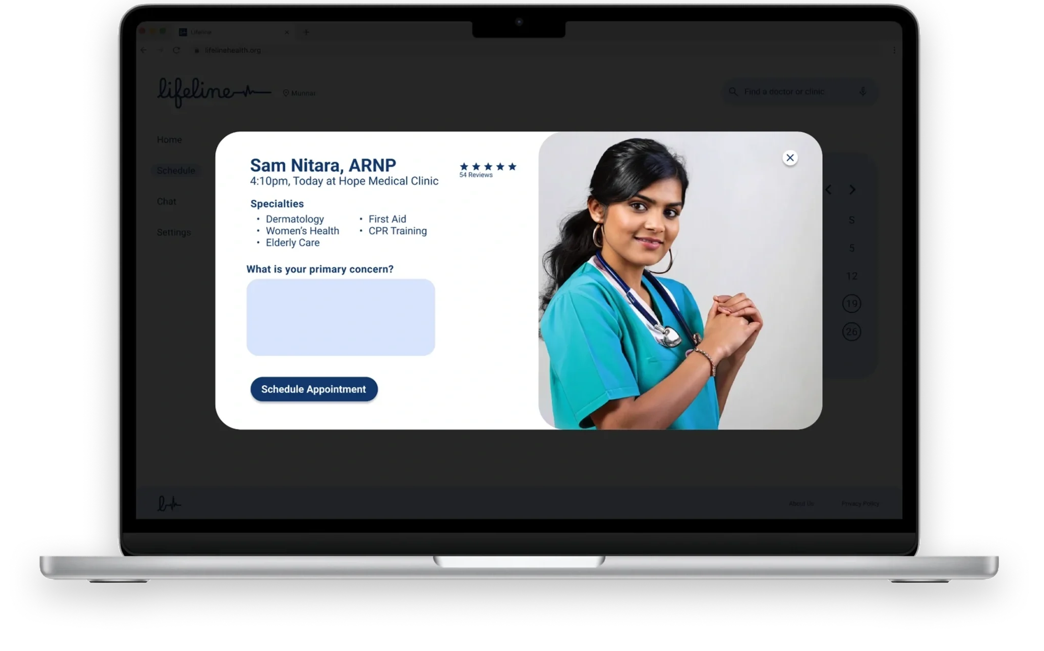 Lifeline medical-care discovery and appointment scheduling experience displayed across desktop, tablet, and mobile devices.