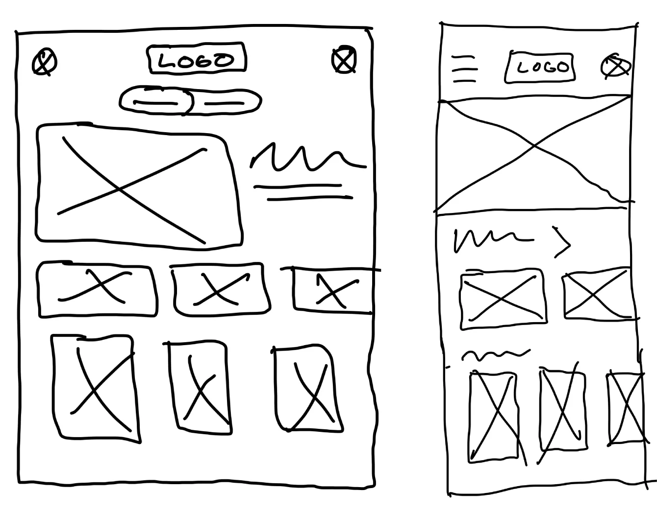Paper wireframes for the Balanced Discovery direction, showing movie information beside the featured trailer on desktop and stacked beneath it on mobile, followed by trailer collections.