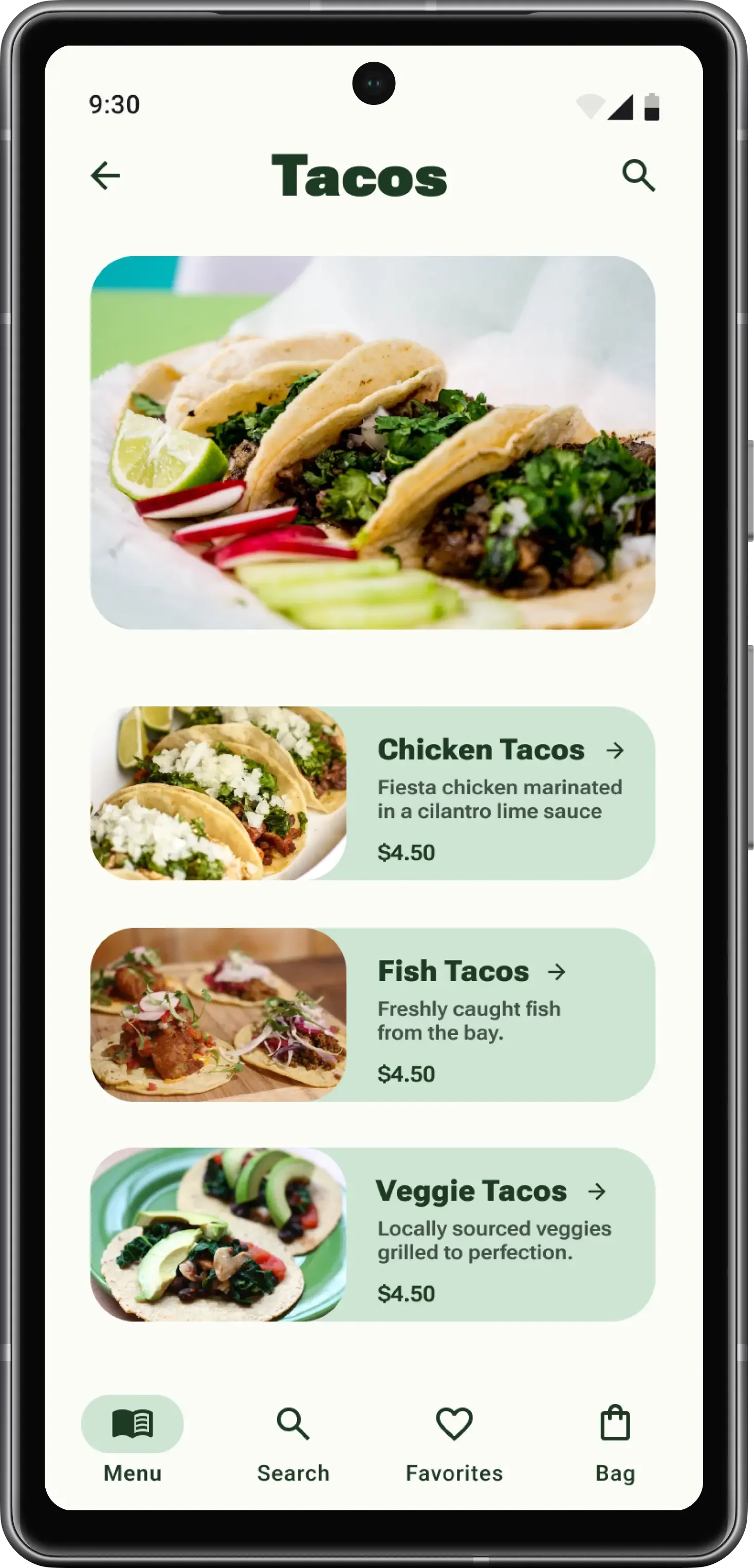 High-fidelity Tacos category screen showing a featured food image and menu cards for chicken, fish, and veggie tacos, each with a photo and description.
