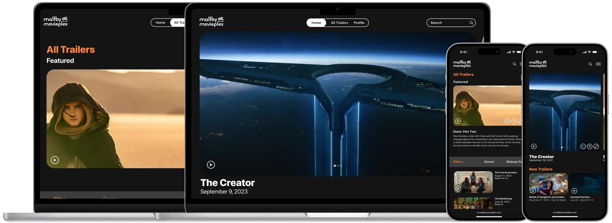 Responsive Maltby Movieplex trailer website displayed across desktop and mobile screens, showing trailer browsing, filtering, and movie details in a dark, cinematic interface.