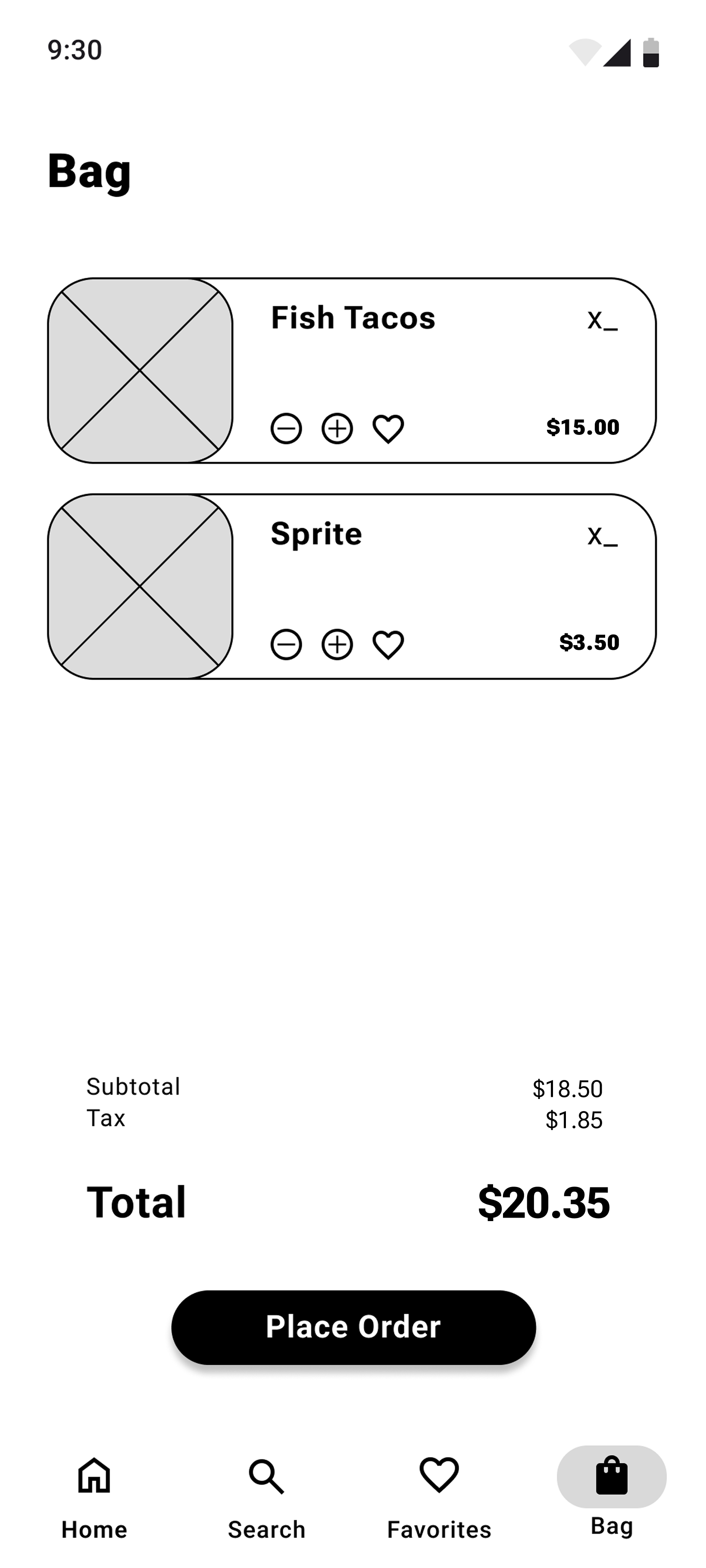 Low-fidelity wireframe of the Trendy Tacos bag screen showing Fish Tacos and Sprite, quantity controls, a $20.35 total, and a Place Order button.
