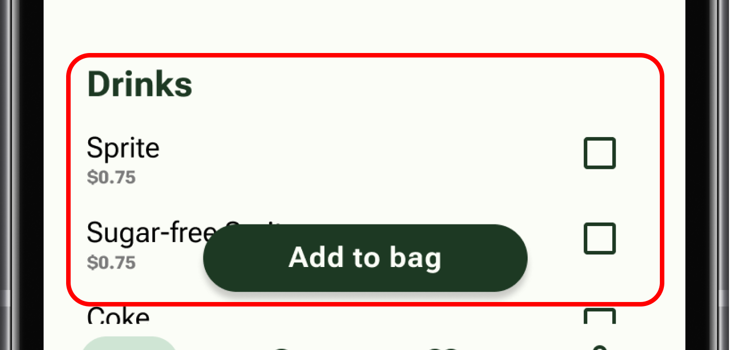 After refinement: customization screen with drink choices added directly above the Add to bag button.