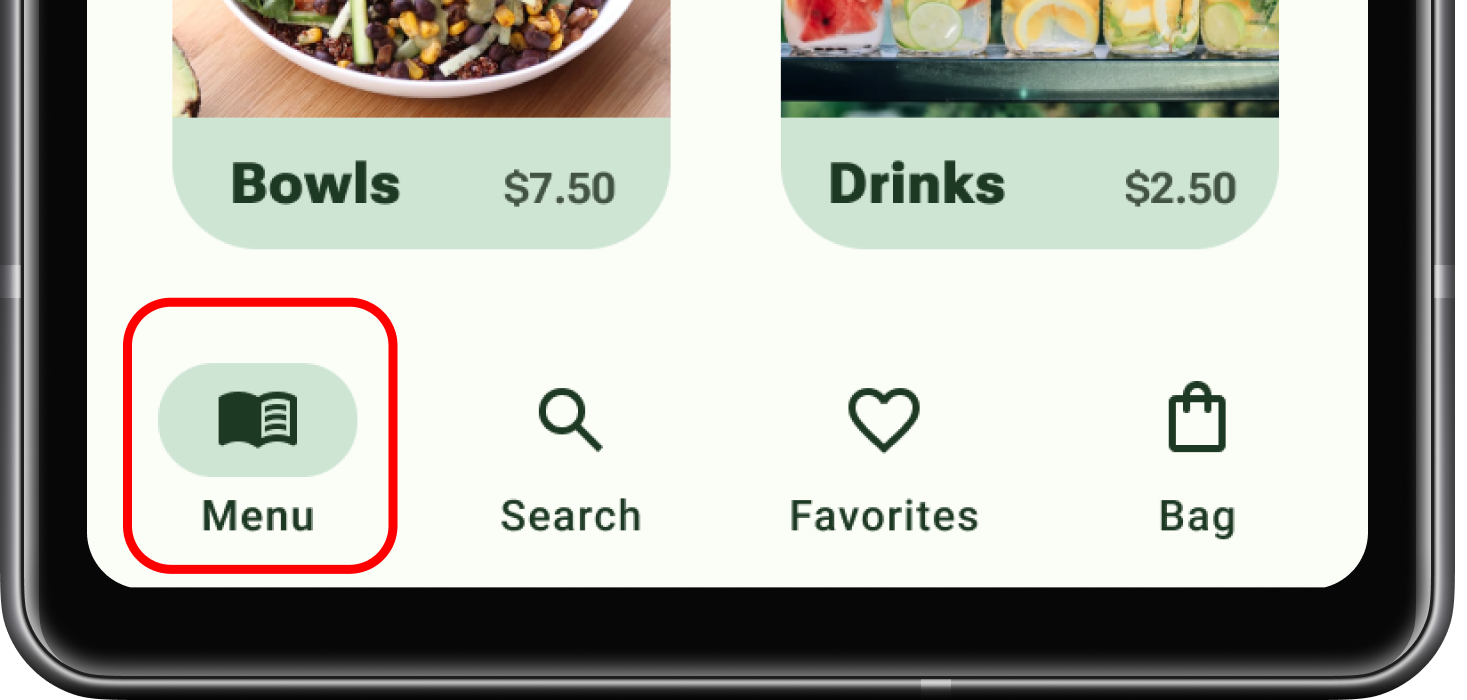 After refinement: bottom navigation with the selected destination renamed “Menu” and represented by a menu-book icon.