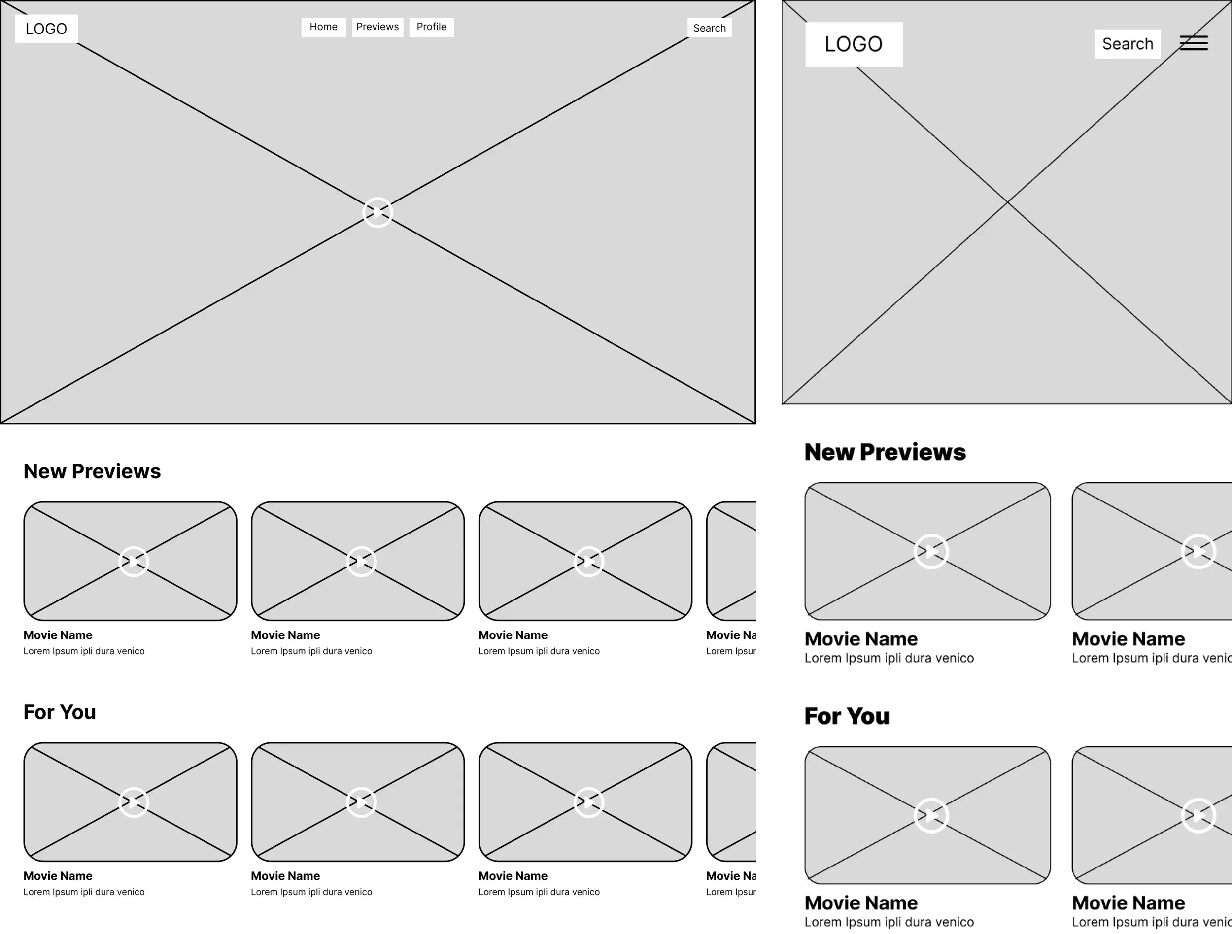 Low-fidelity desktop and mobile home-page wireframes with a featured trailer followed by New Previews and personalized For You trailer rows.