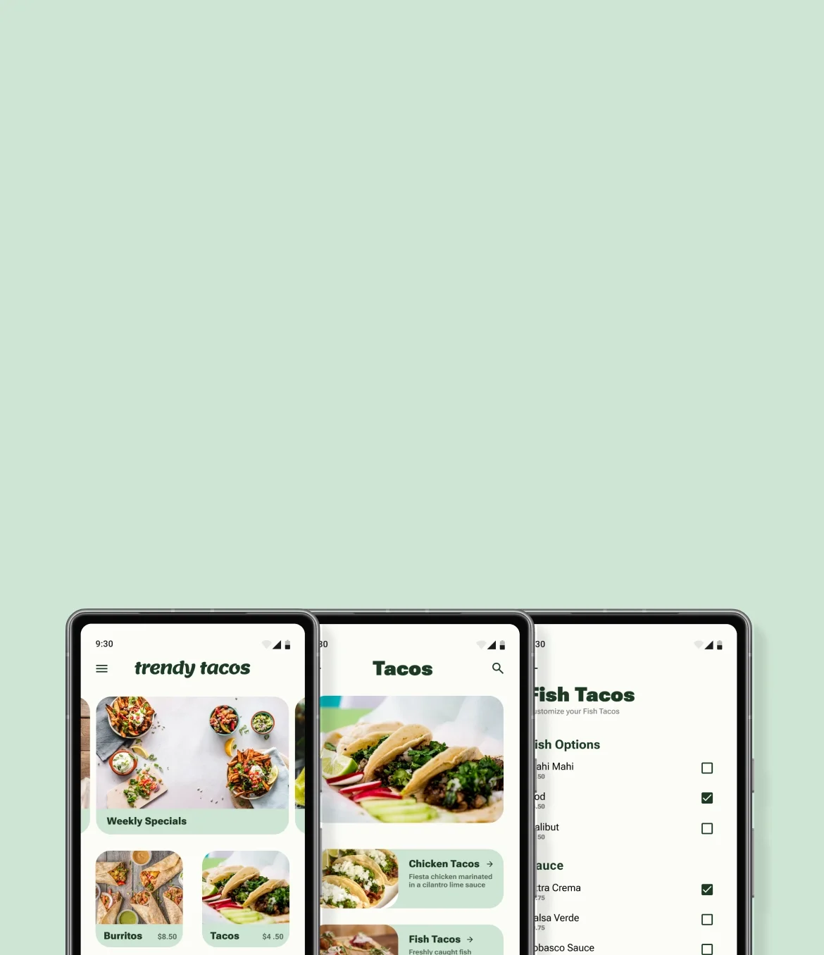 Three Trendy Tacos app screens: the home menu, a taco listing with prices, and a customization screen with topping options.